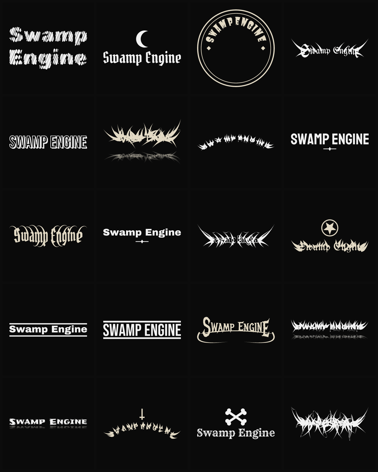 Twenty Swamp Engine band logo ideas — different faces, treatments and spike settings