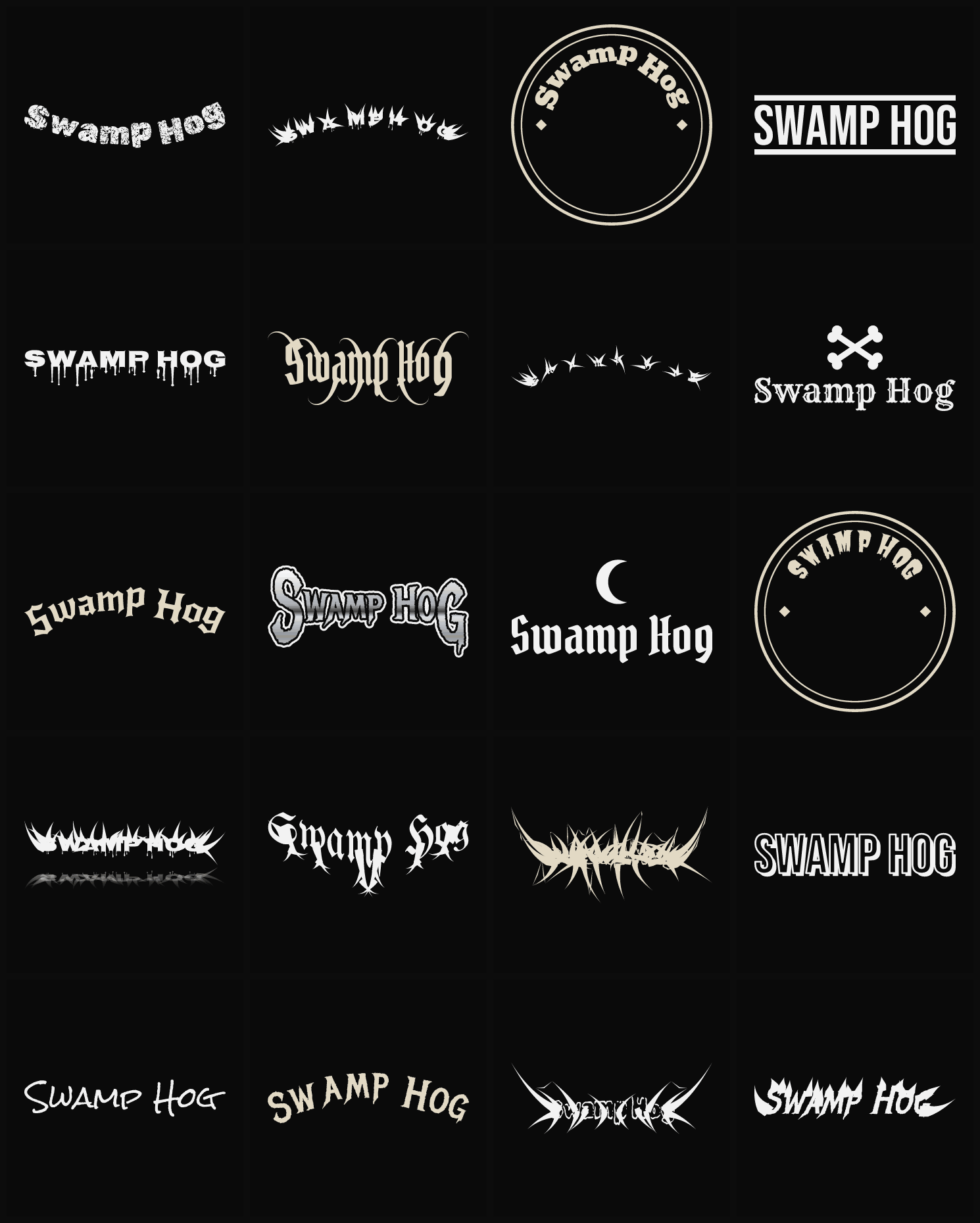 Twenty Swamp Hog band logo ideas — different faces, treatments and spike settings