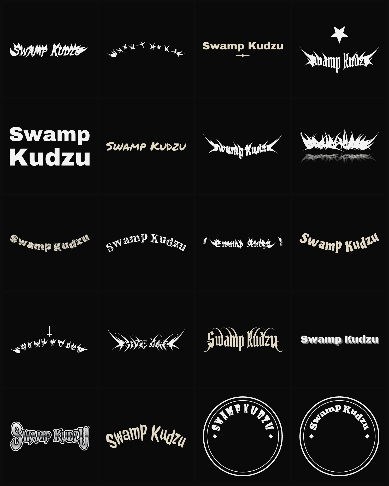 Twenty Swamp Kudzu band logo ideas — different faces, treatments and spike settings