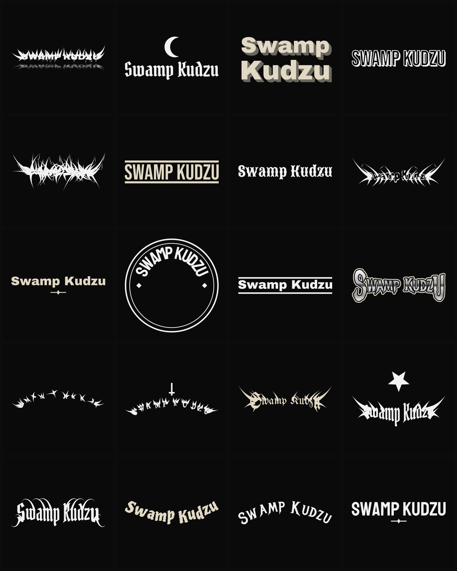 Twenty Swamp Kudzu band logo ideas — different faces, treatments and spike settings