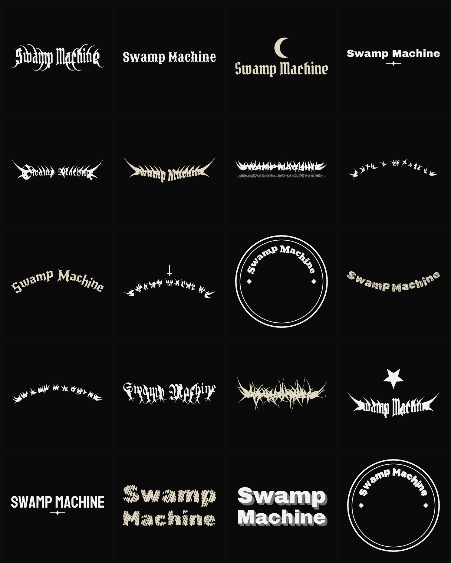 Twenty Swamp Machine band logo ideas — different faces, treatments and spike settings