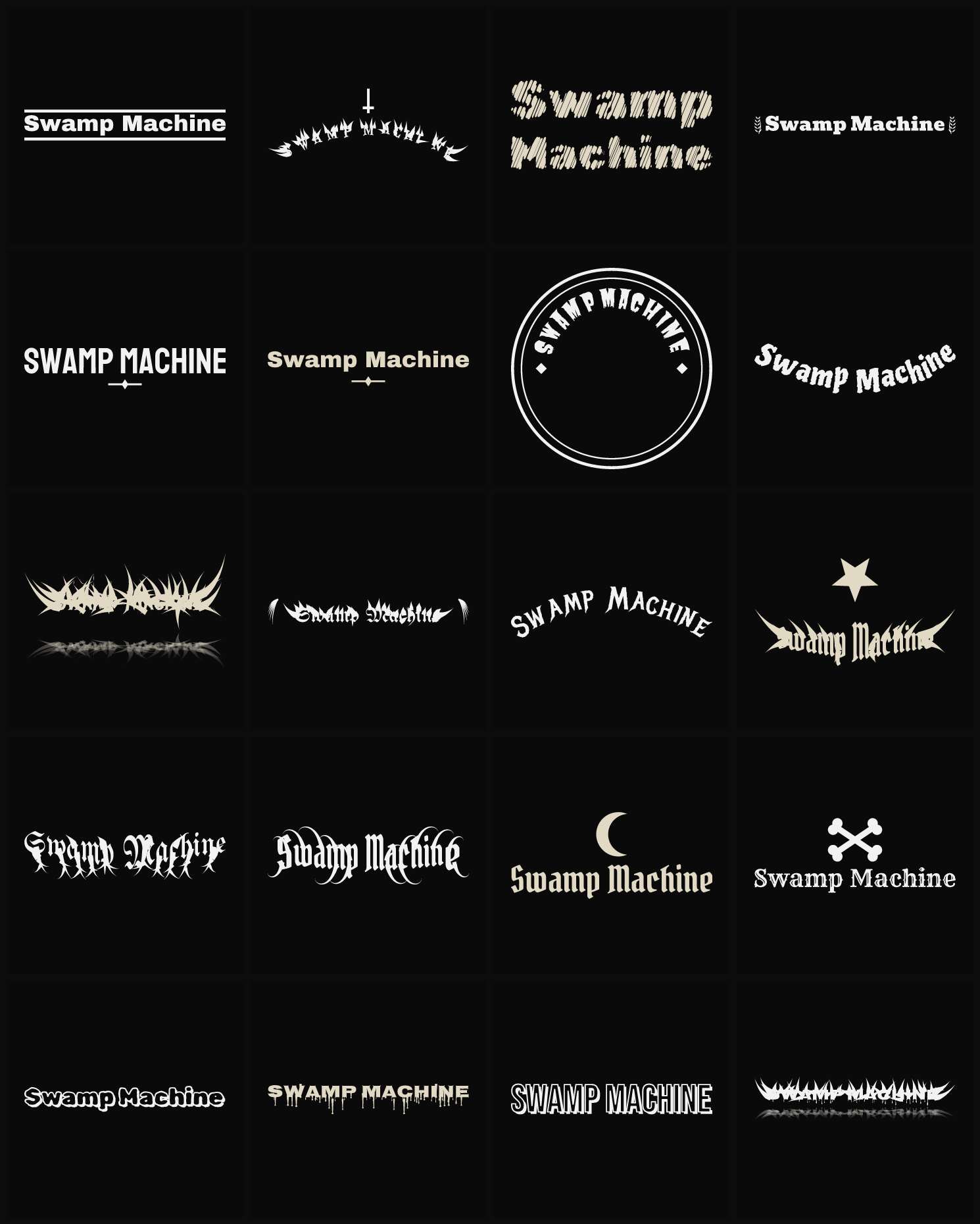 Twenty Swamp Machine band logo ideas — different faces, treatments and spike settings
