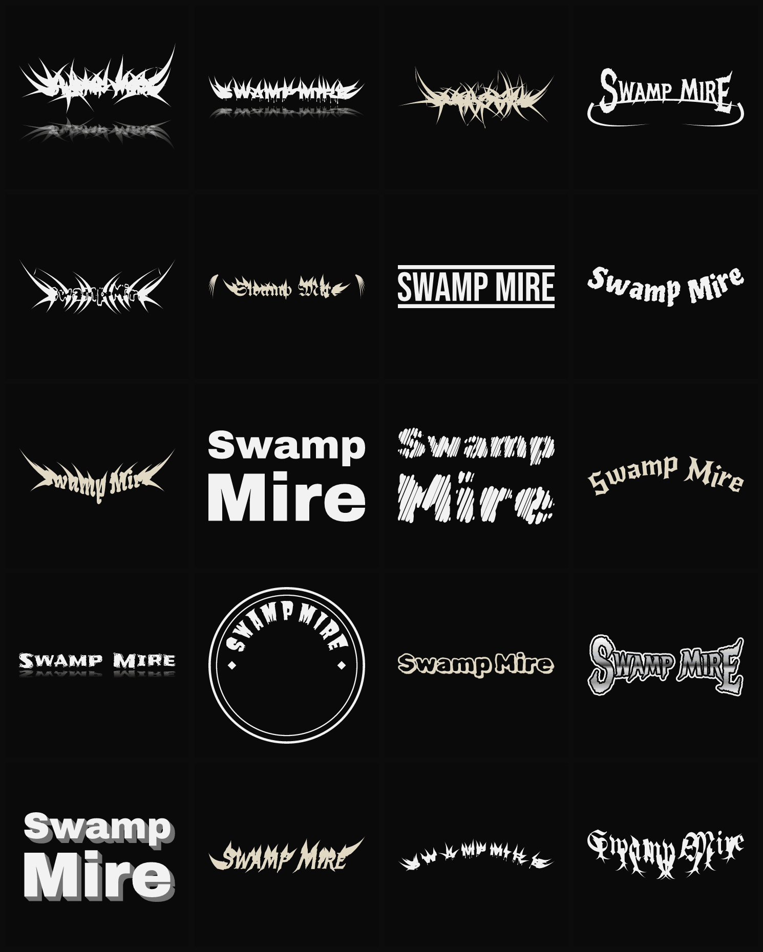 Twenty Swamp Mire band logo ideas — different faces, treatments and spike settings