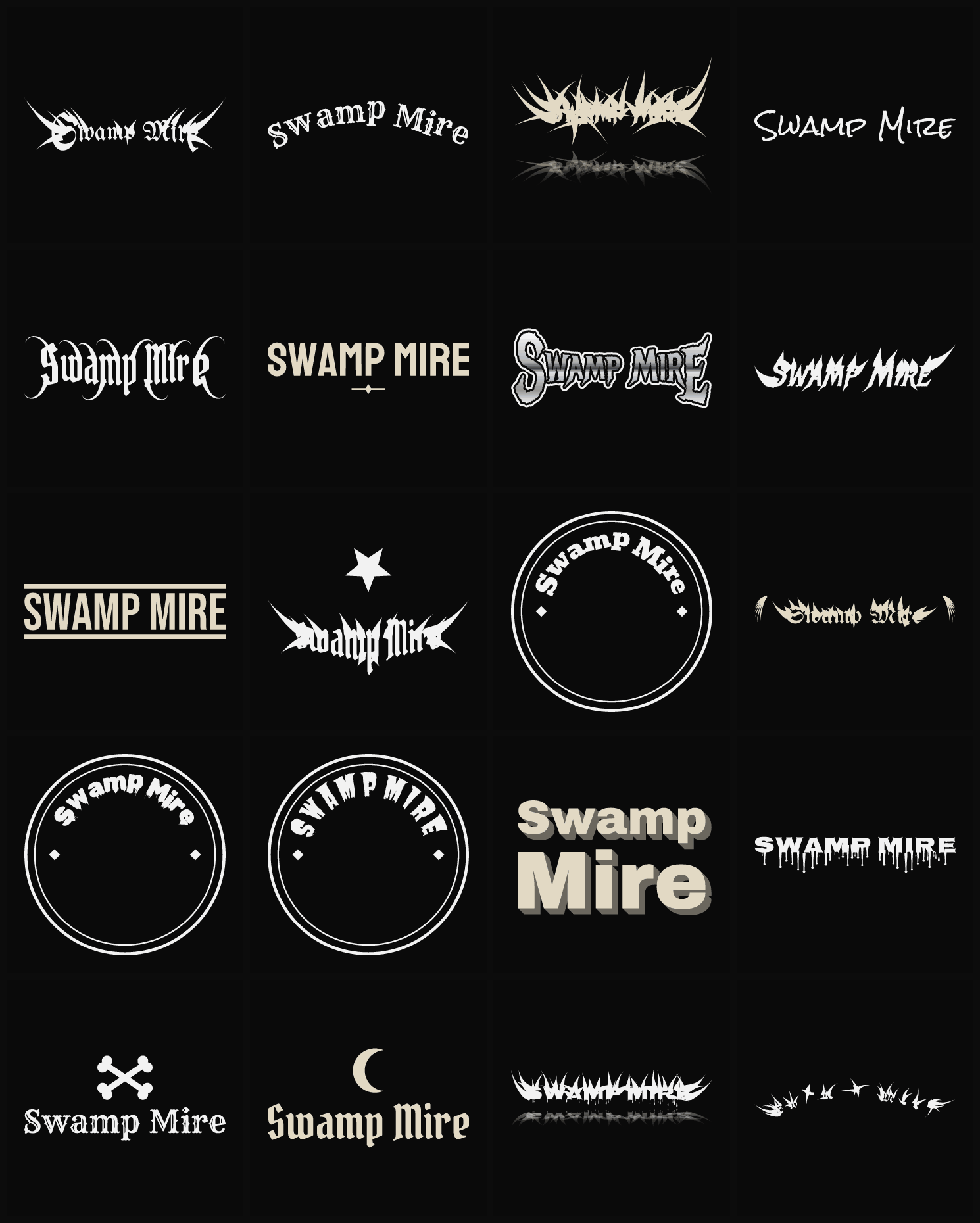 Twenty Swamp Mire band logo ideas — different faces, treatments and spike settings