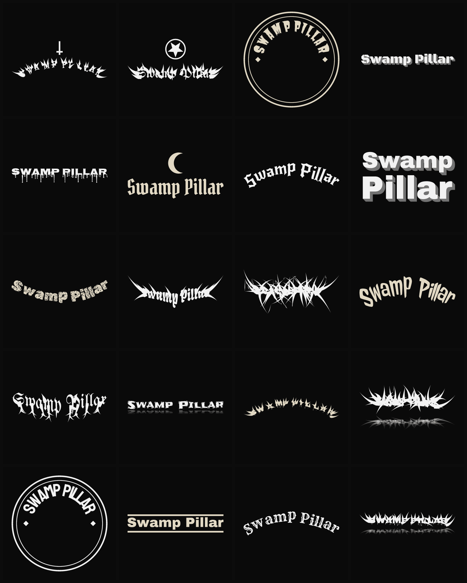 Twenty Swamp Pillar band logo ideas — different faces, treatments and spike settings