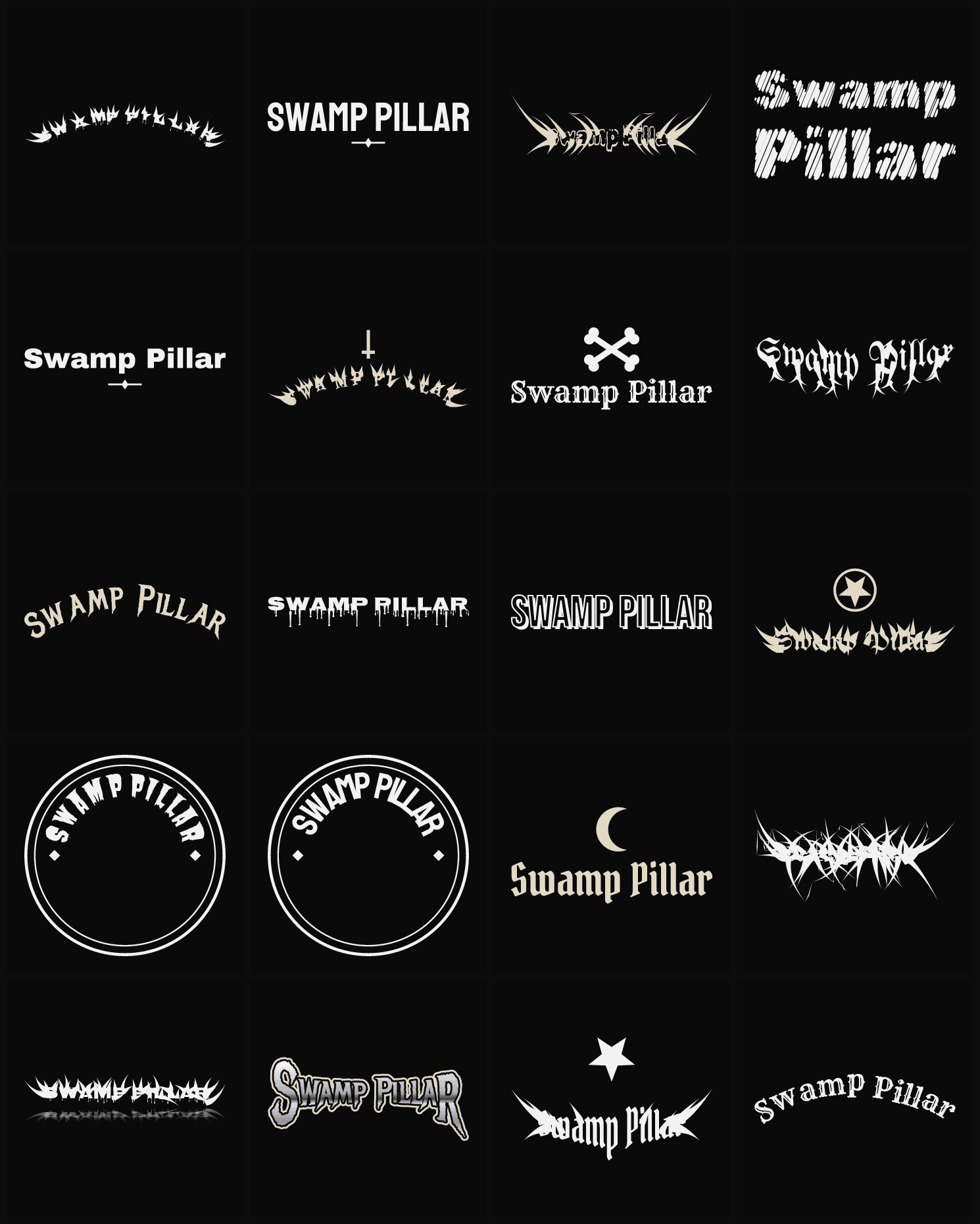 Twenty Swamp Pillar band logo ideas — different faces, treatments and spike settings