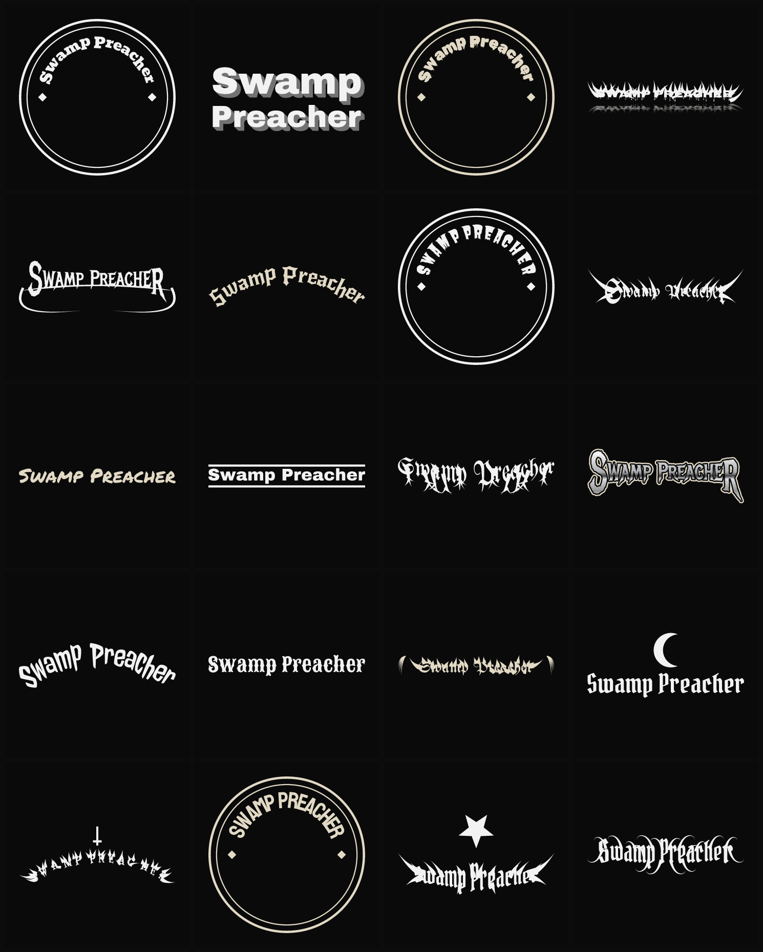 Twenty Swamp Preacher band logo ideas — different faces, treatments and spike settings
