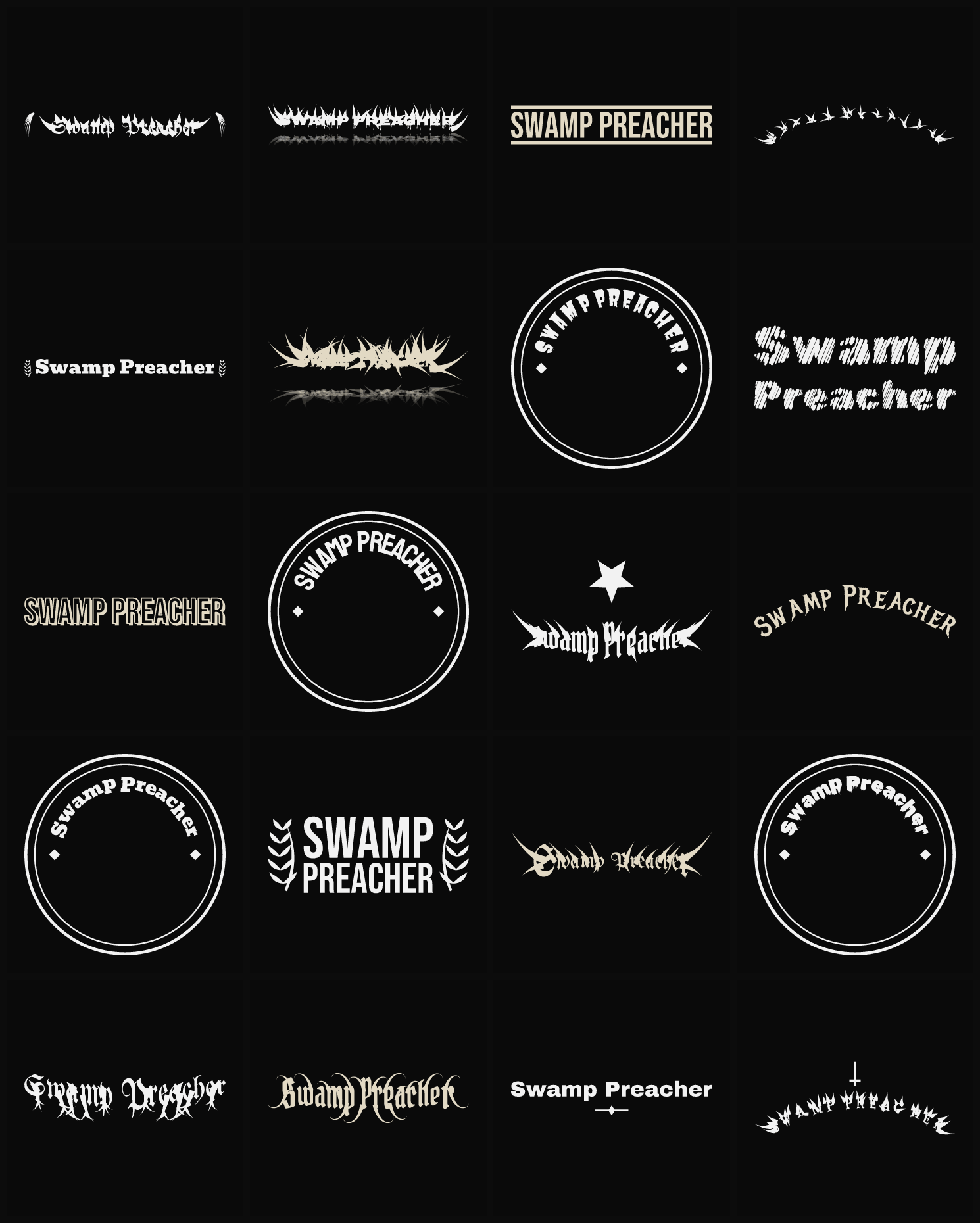 Twenty Swamp Preacher band logo ideas — different faces, treatments and spike settings