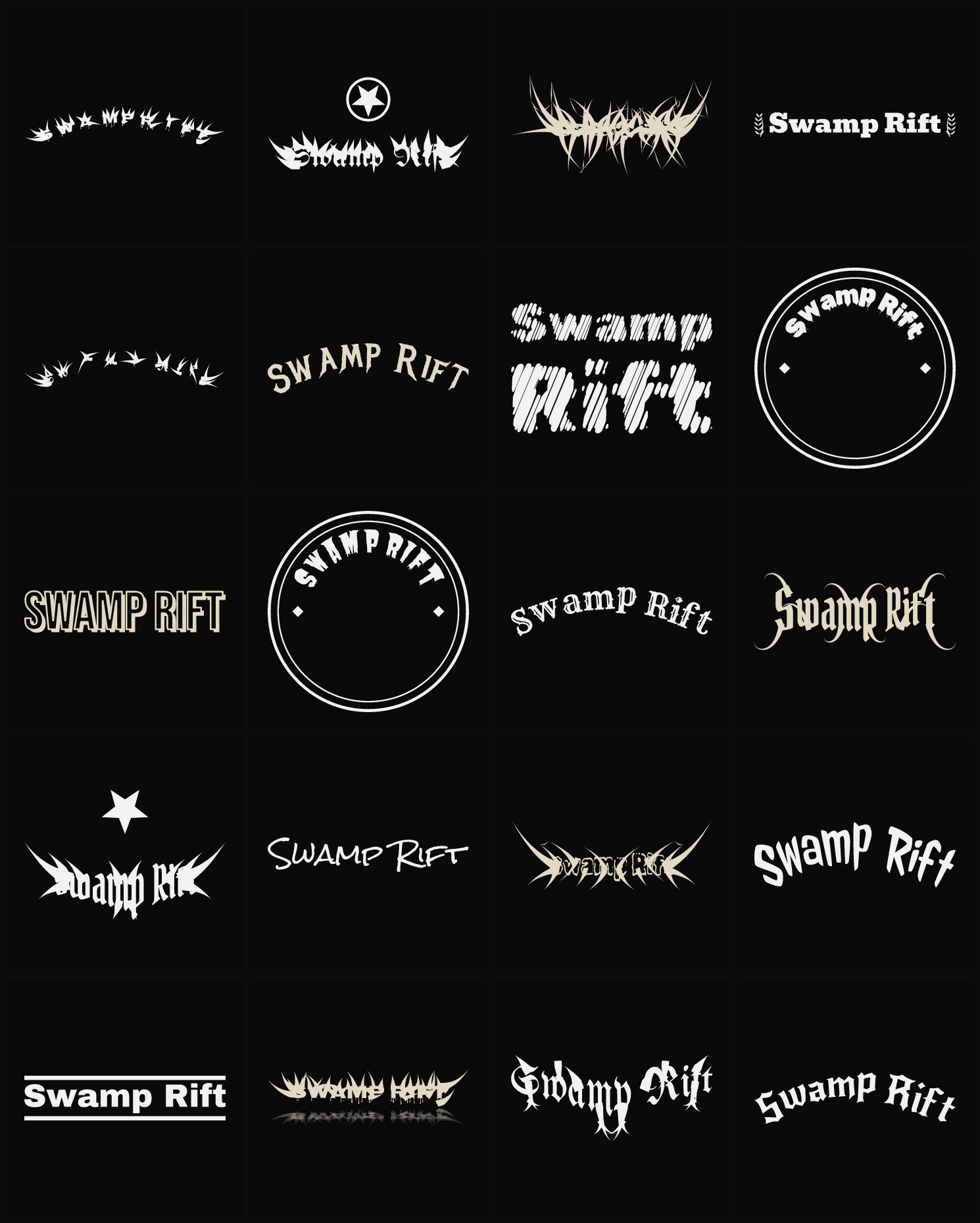 Twenty Swamp Rift band logo ideas — different faces, treatments and spike settings