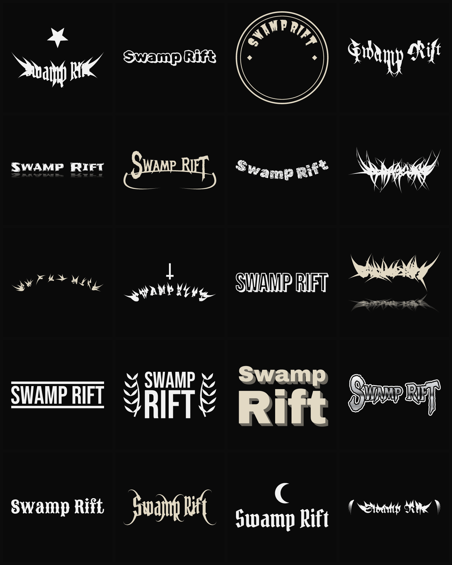 Twenty Swamp Rift band logo ideas — different faces, treatments and spike settings