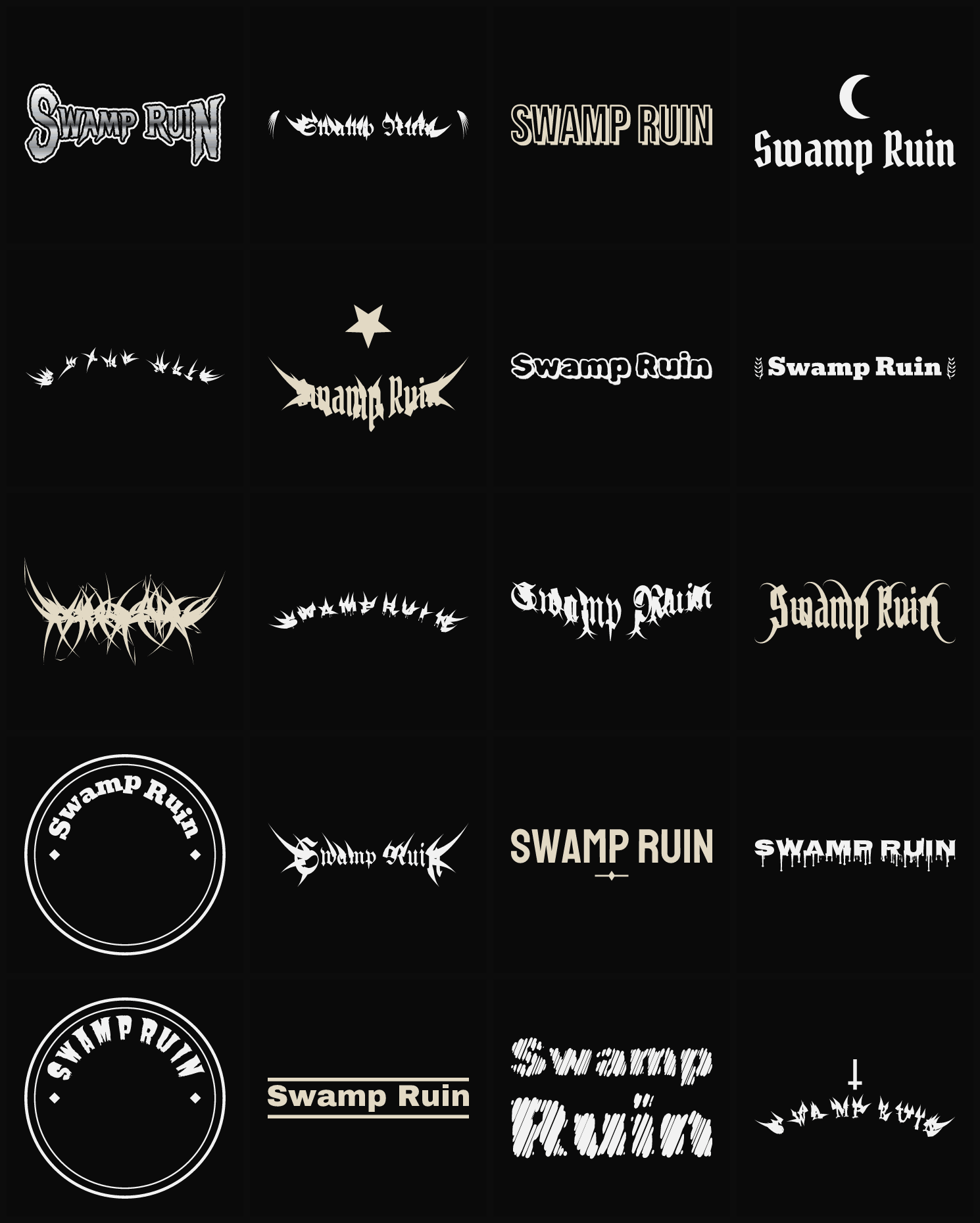 Twenty Swamp Ruin band logo ideas — different faces, treatments and spike settings