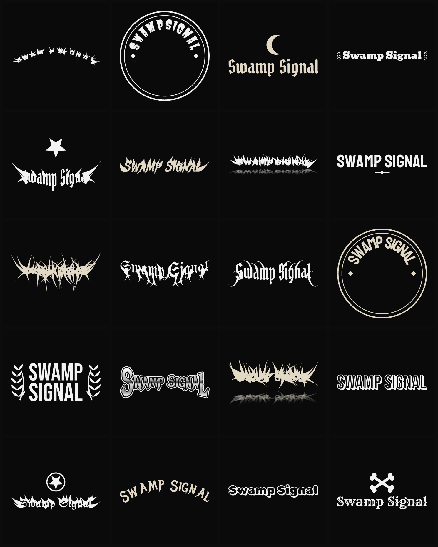 Twenty Swamp Signal band logo ideas — different faces, treatments and spike settings