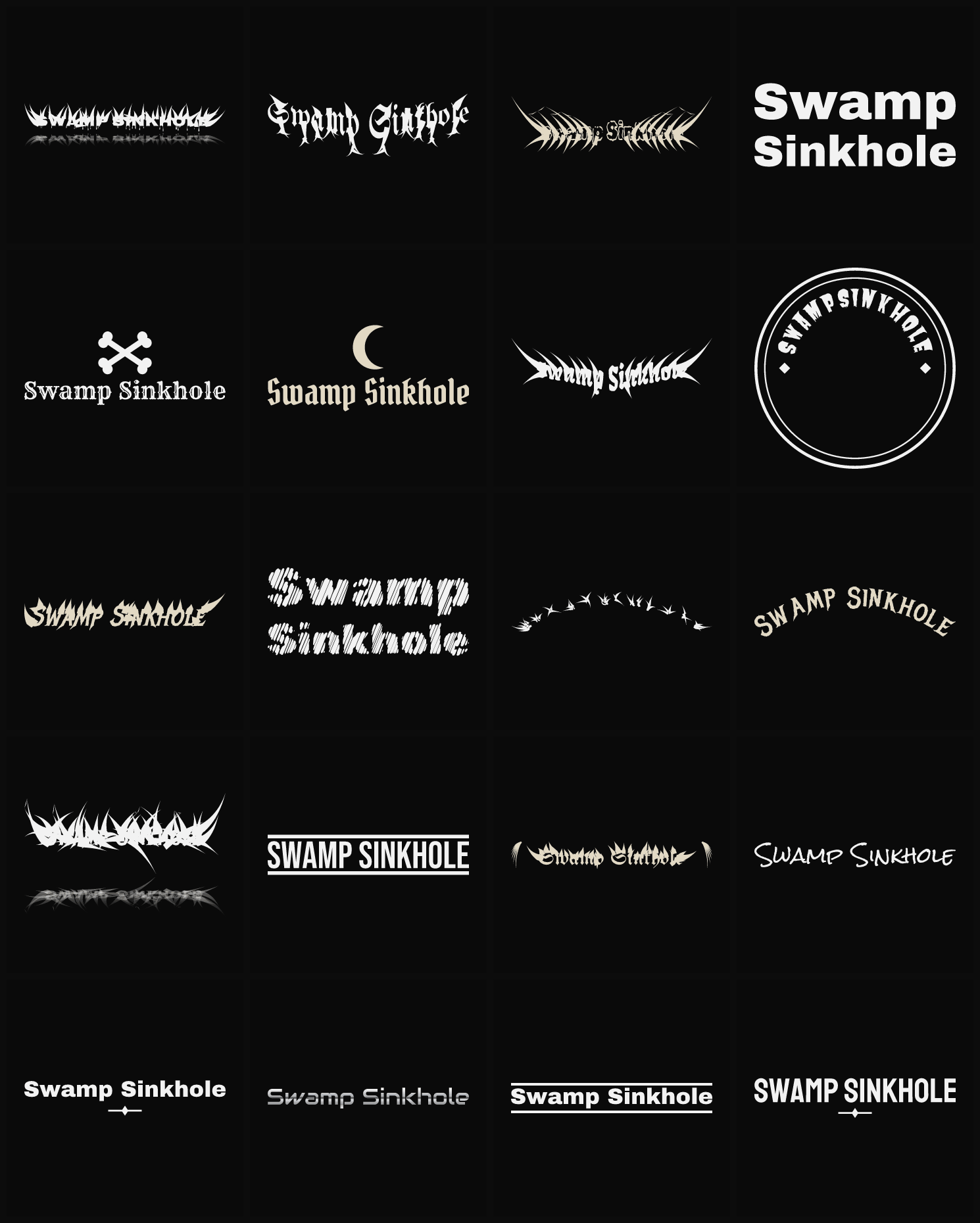Twenty Swamp Sinkhole band logo ideas — different faces, treatments and spike settings