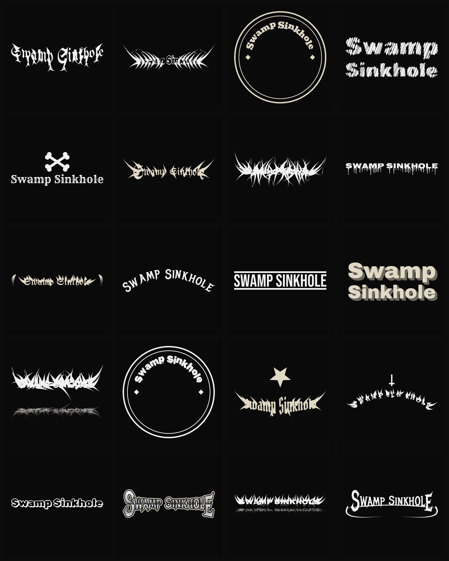 Twenty Swamp Sinkhole band logo ideas — different faces, treatments and spike settings