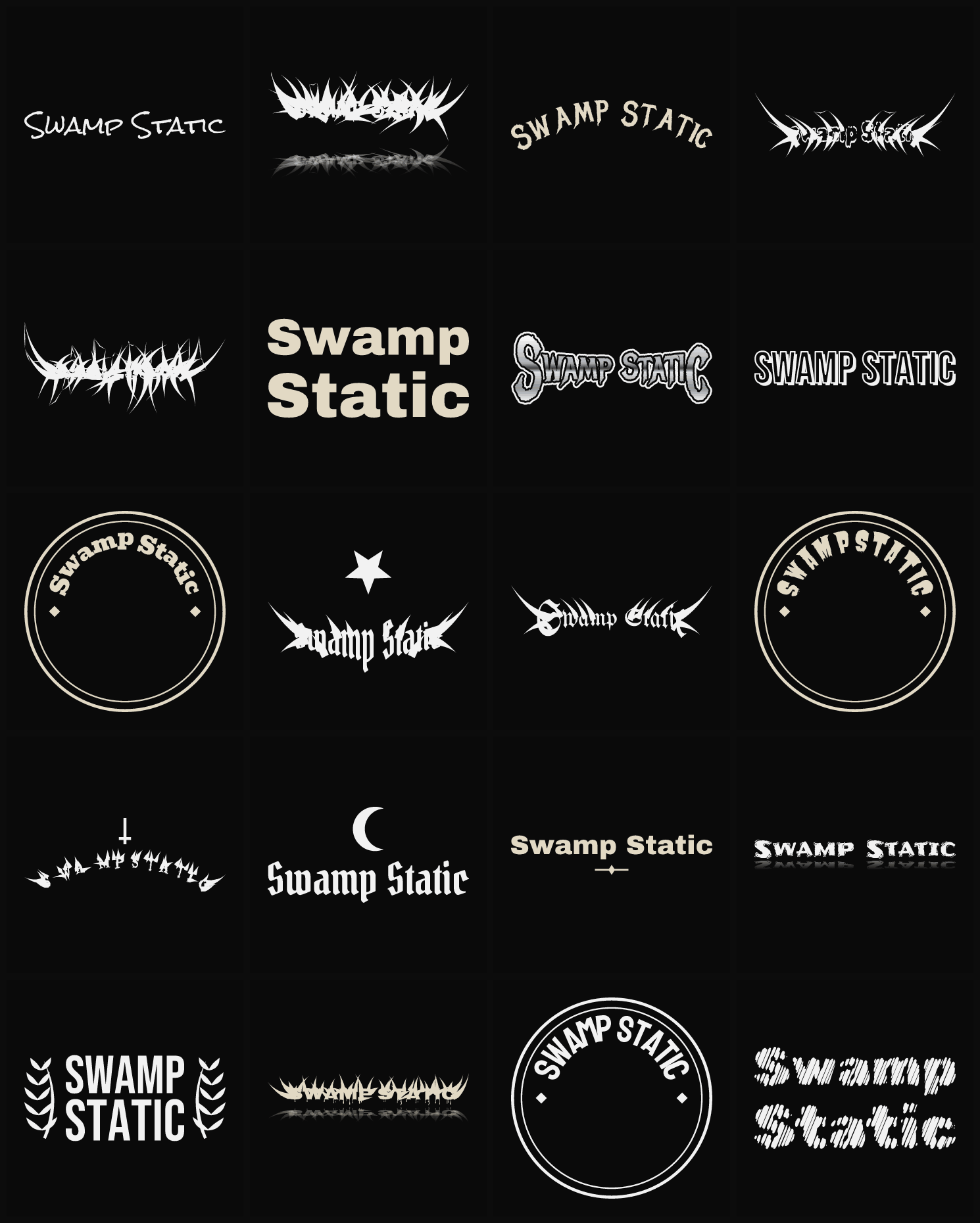 Twenty Swamp Static band logo ideas — different faces, treatments and spike settings
