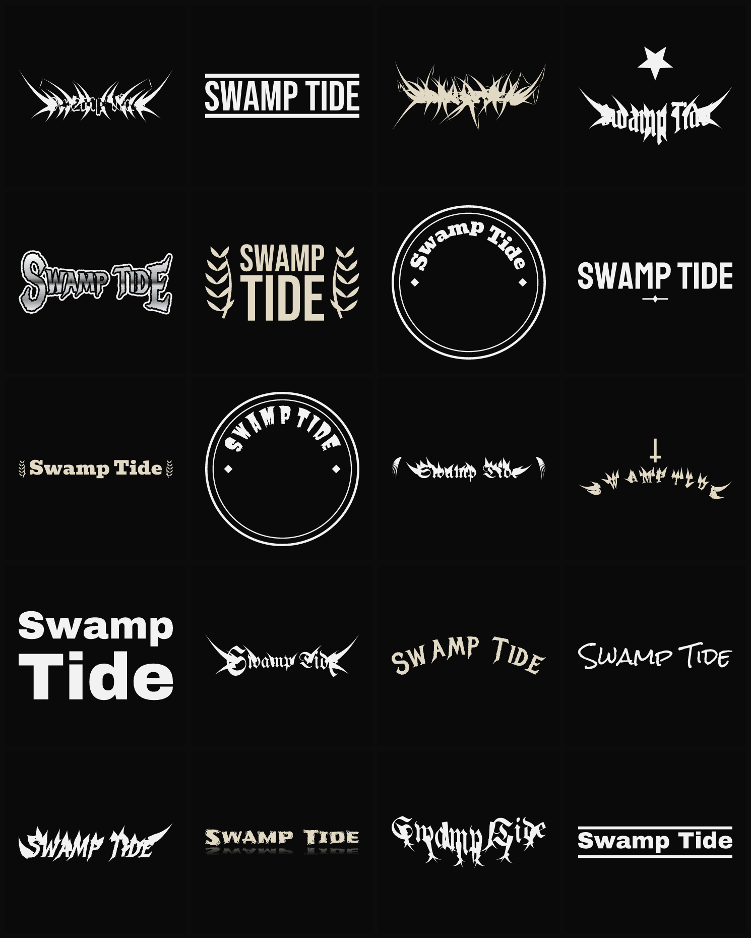 Twenty Swamp Tide band logo ideas — different faces, treatments and spike settings
