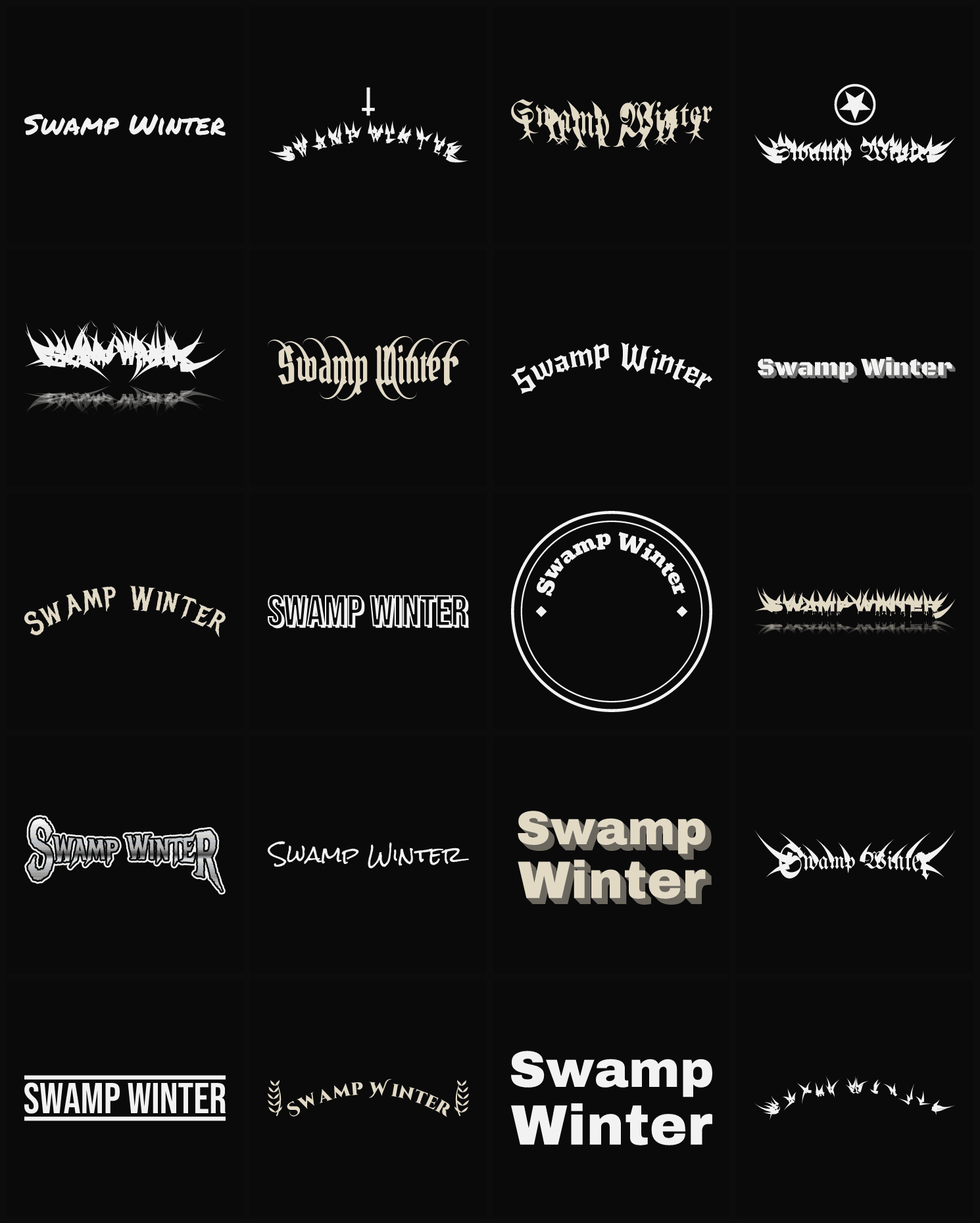 Twenty Swamp Winter band logo ideas — different faces, treatments and spike settings