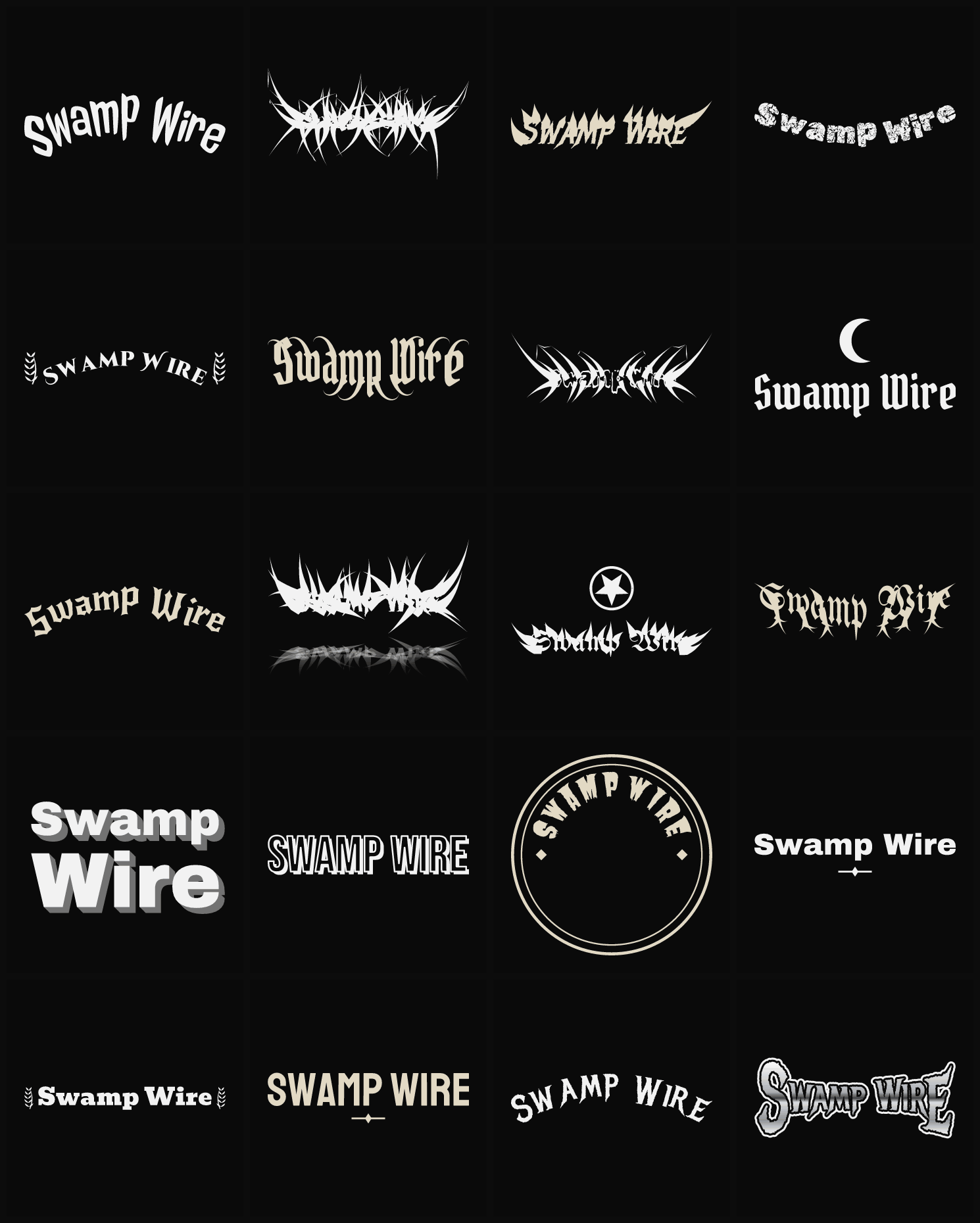 Twenty Swamp Wire band logo ideas — different faces, treatments and spike settings
