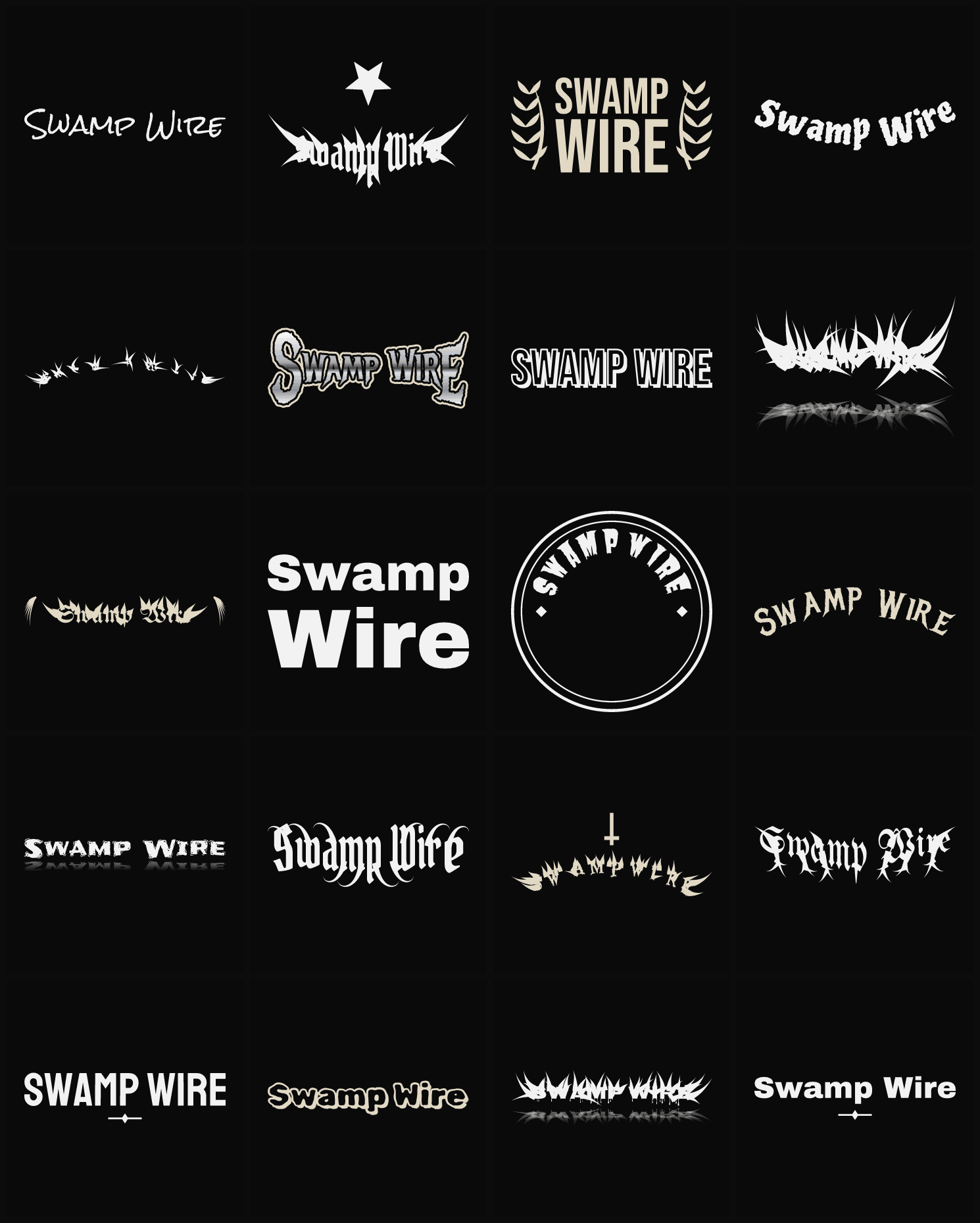 Twenty Swamp Wire band logo ideas — different faces, treatments and spike settings
