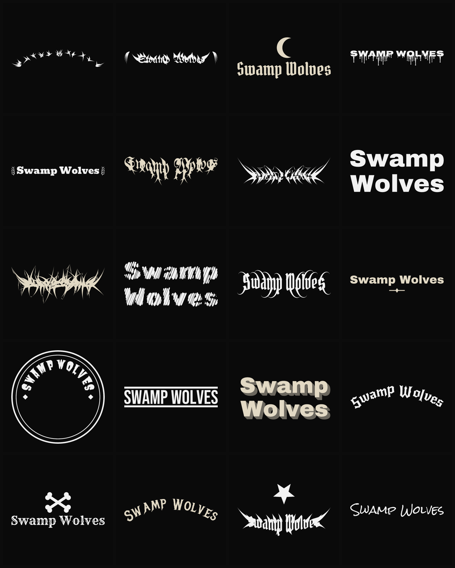 Twenty Swamp Wolves band logo ideas — different faces, treatments and spike settings