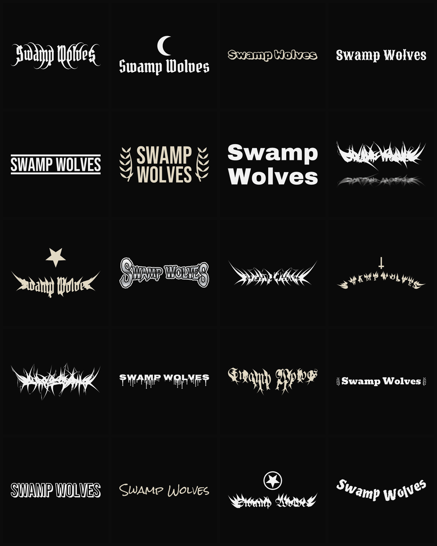 Twenty Swamp Wolves band logo ideas — different faces, treatments and spike settings
