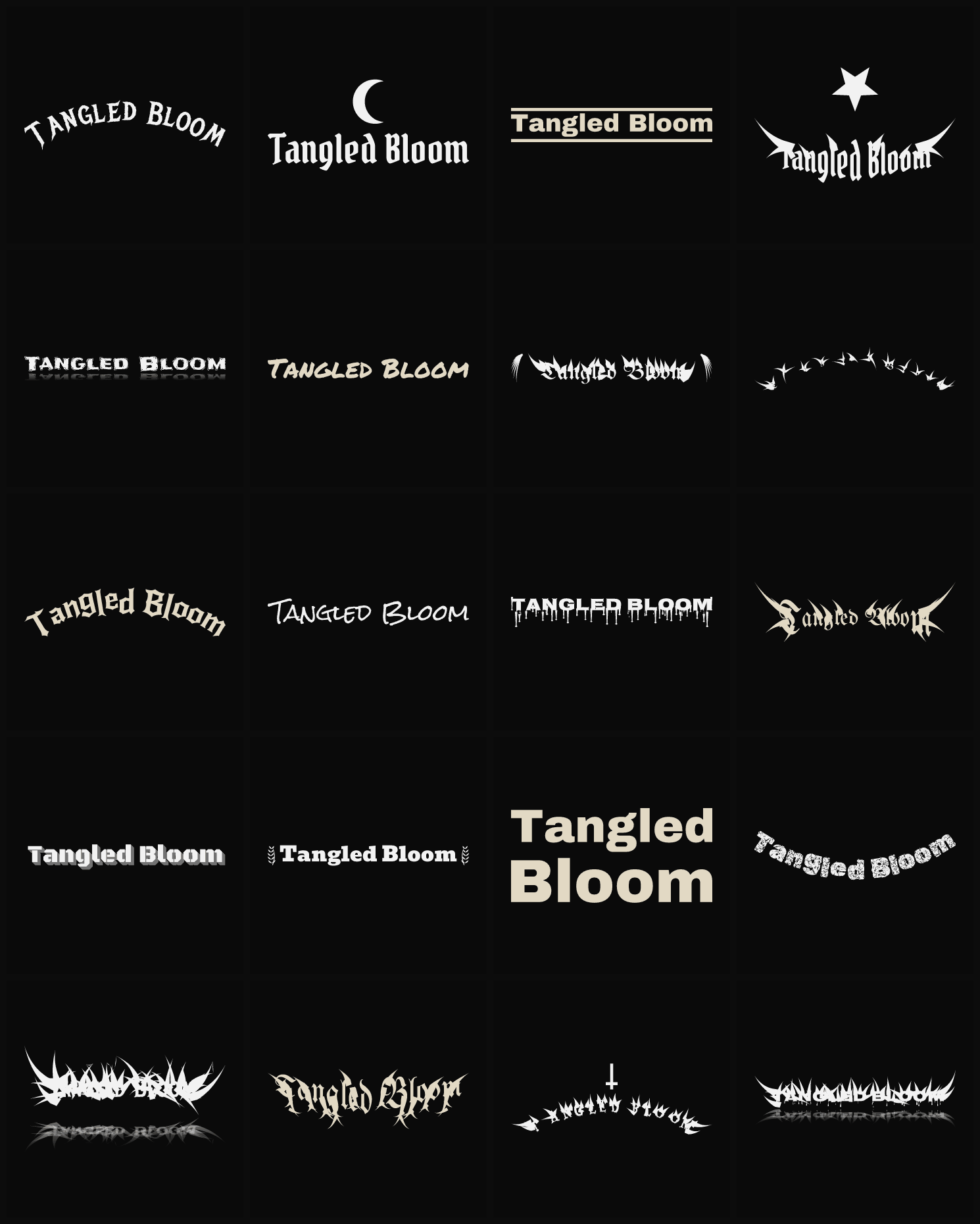 Twenty Tangled Bloom band logo ideas — different faces, treatments and spike settings