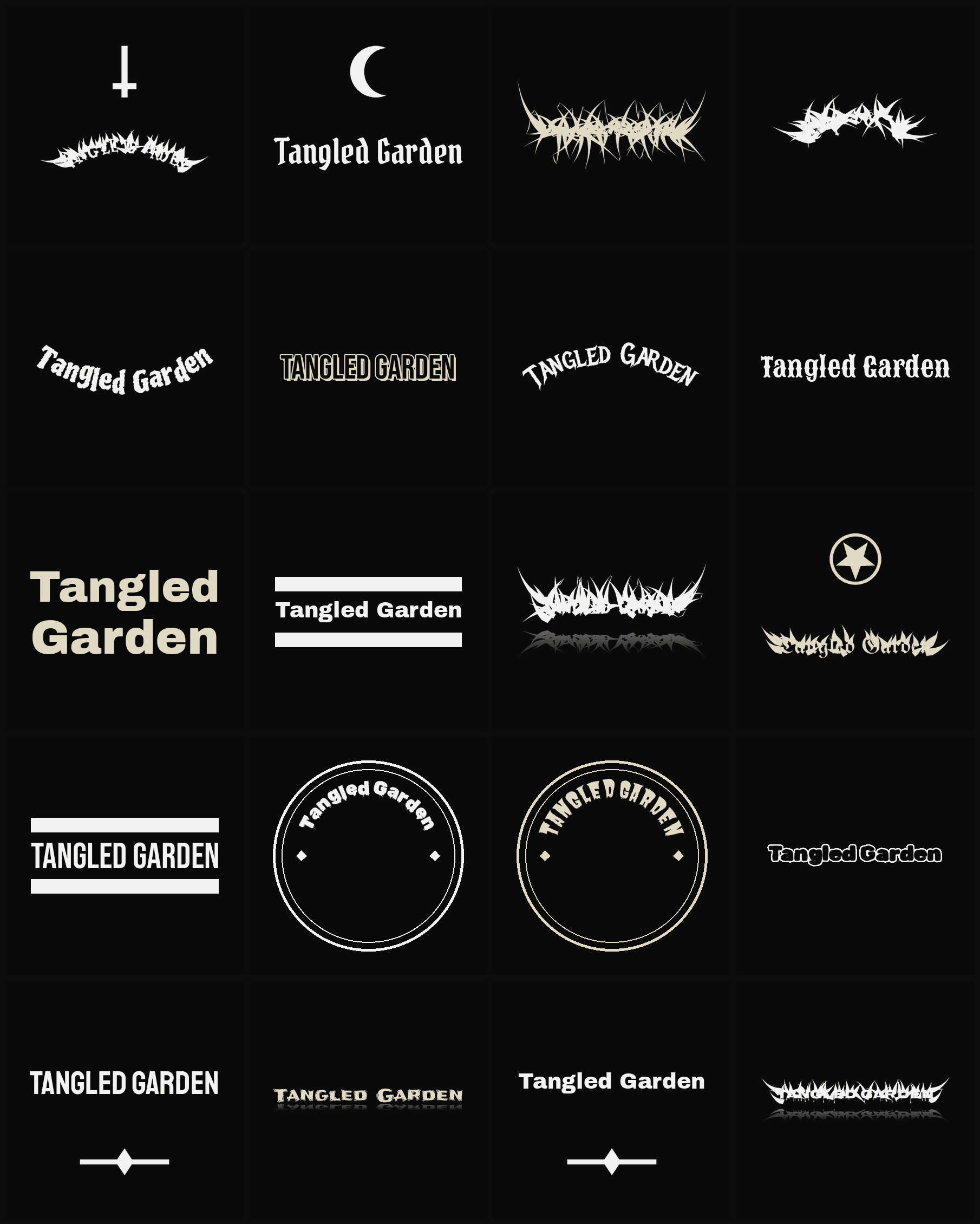 Twenty Tangled Garden band logo ideas — different faces, treatments and spike settings
