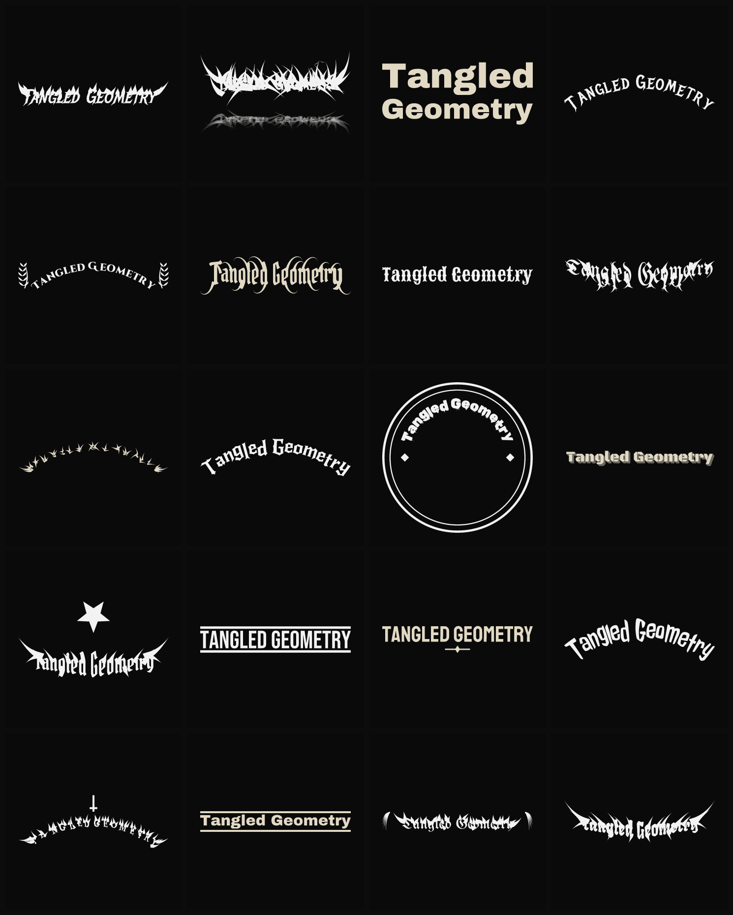 Twenty Tangled Geometry band logo ideas — different faces, treatments and spike settings