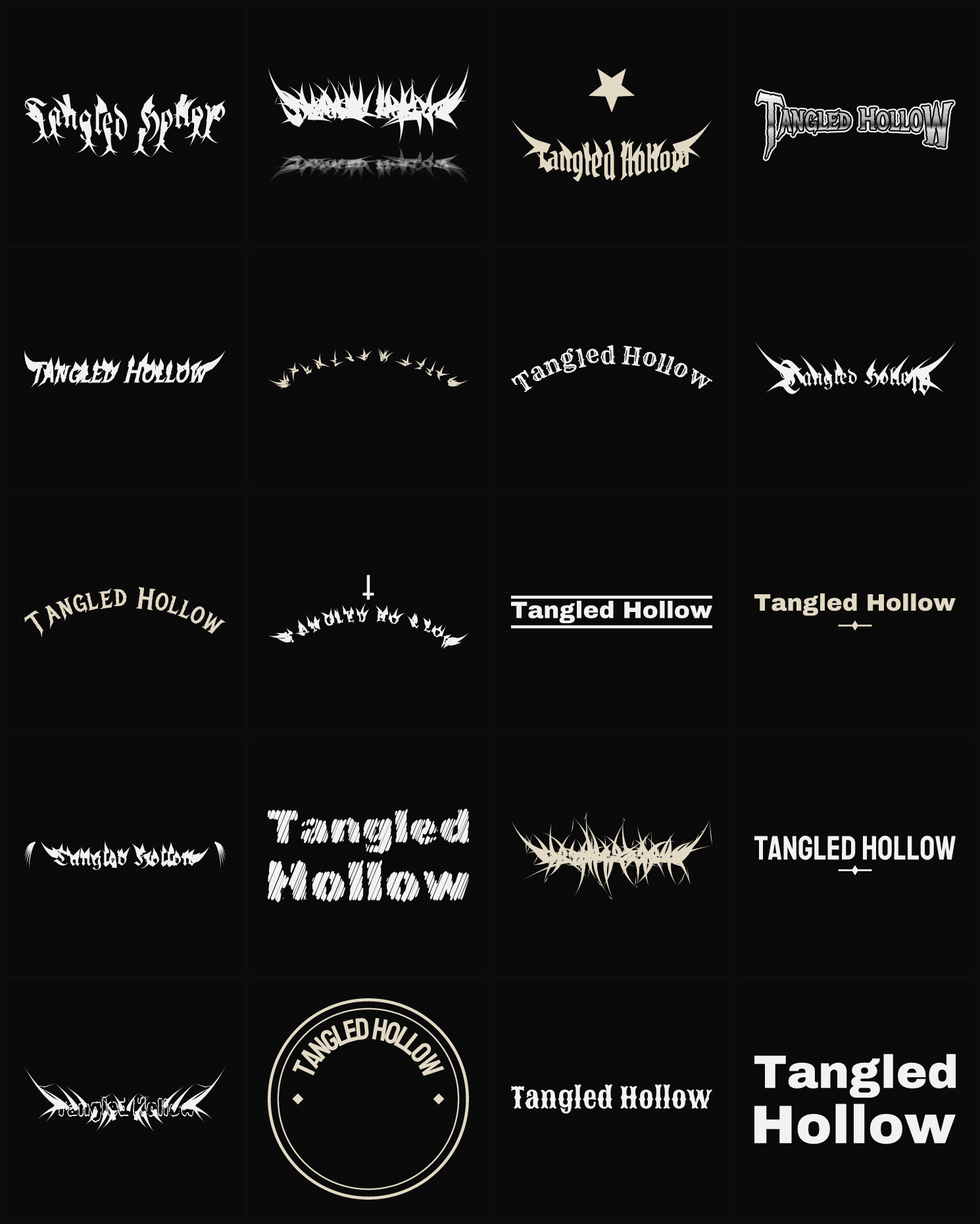 Twenty Tangled Hollow band logo ideas — different faces, treatments and spike settings