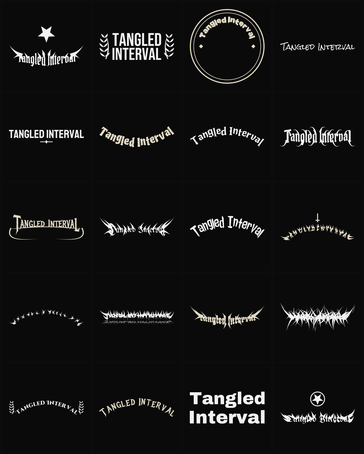 Twenty Tangled Interval band logo ideas — different faces, treatments and spike settings