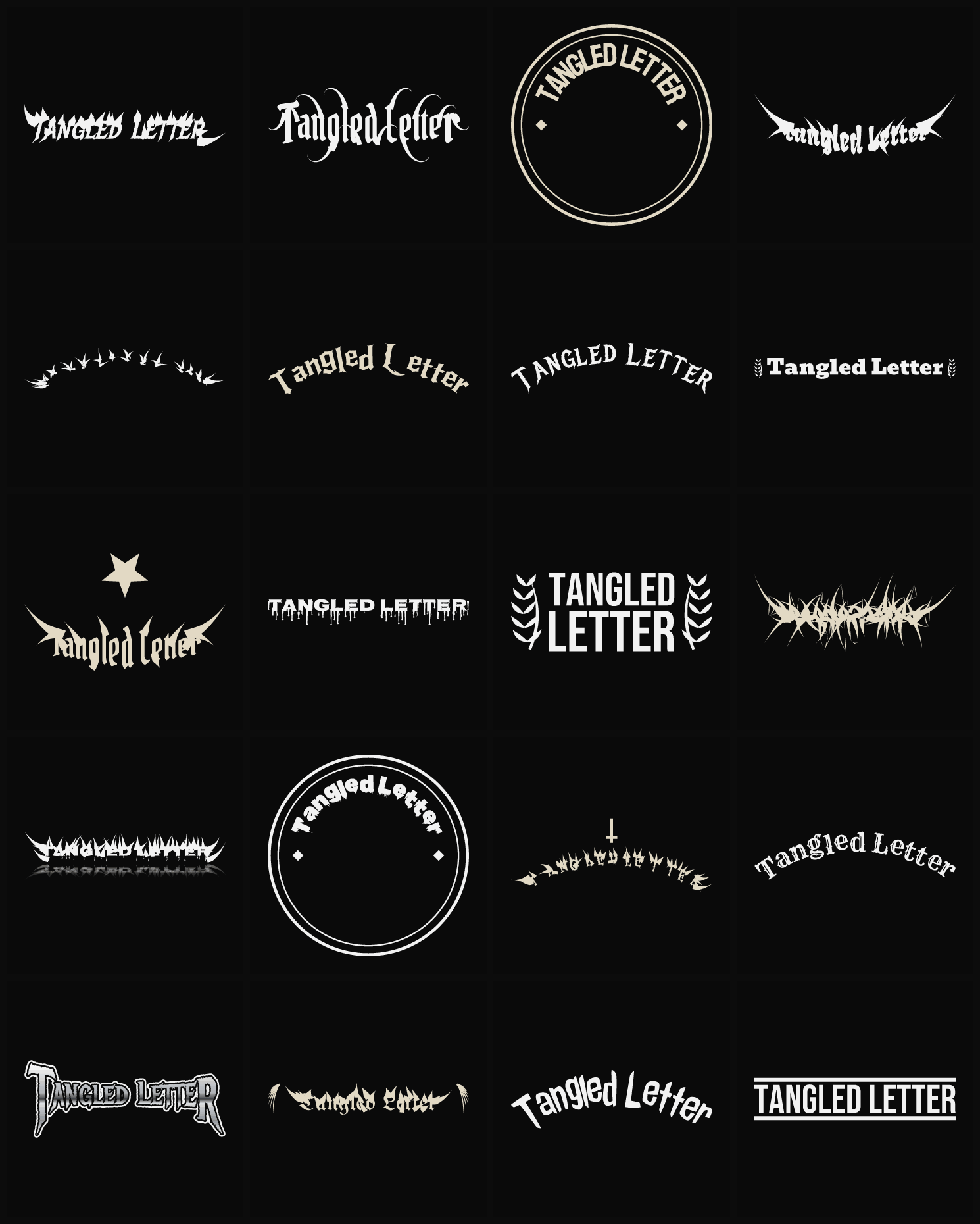 Twenty Tangled Letter band logo ideas — different faces, treatments and spike settings