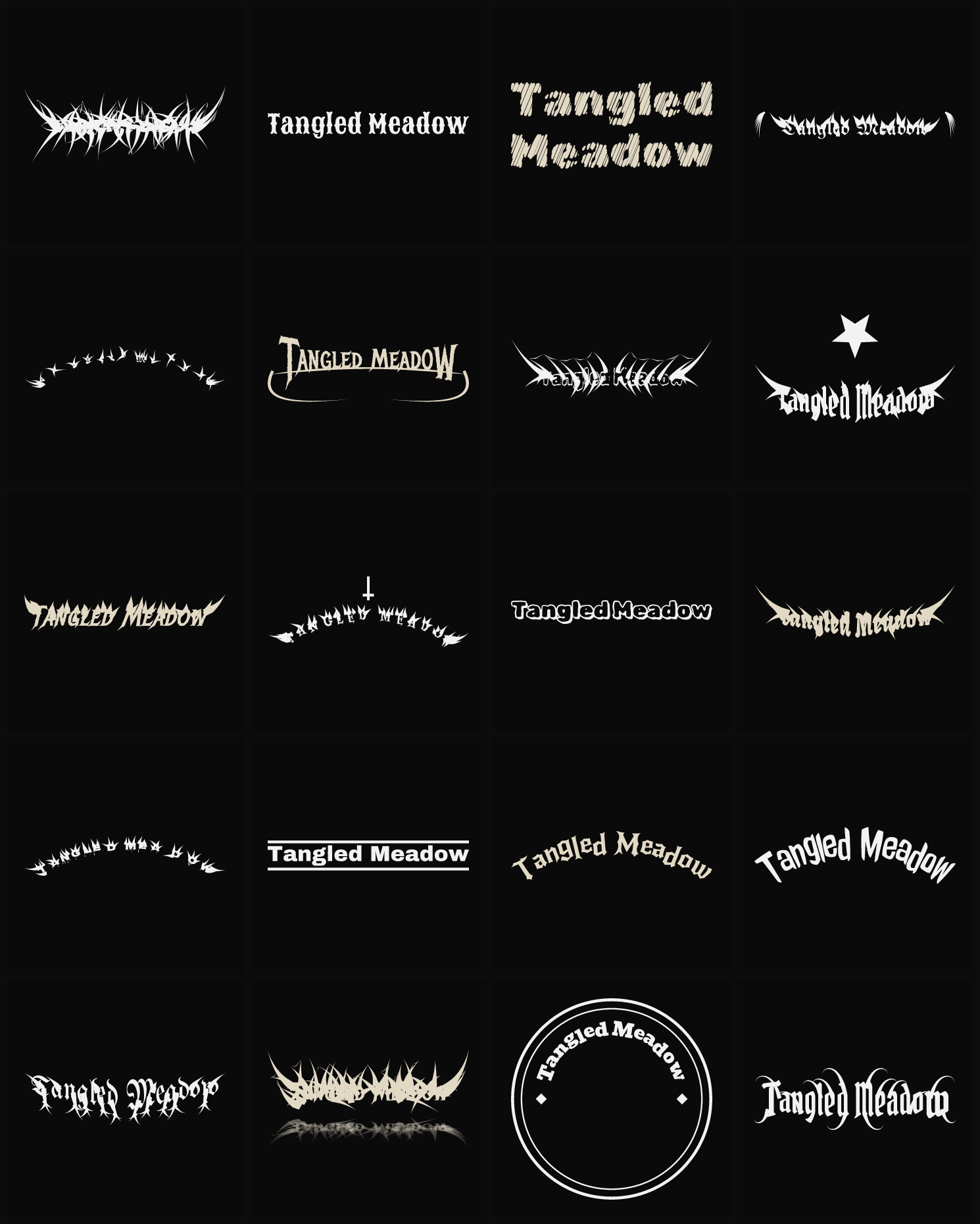 Twenty Tangled Meadow band logo ideas — different faces, treatments and spike settings