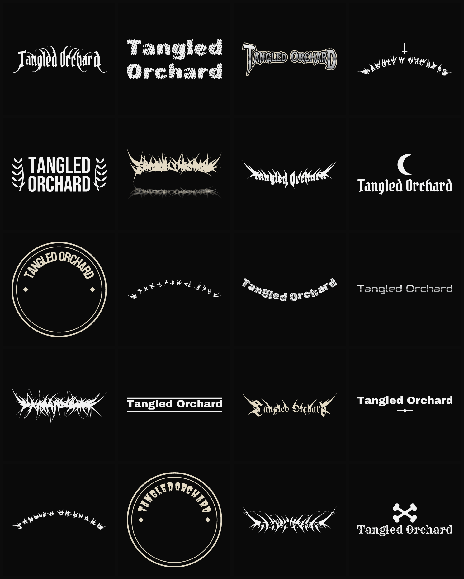 Twenty Tangled Orchard band logo ideas — different faces, treatments and spike settings