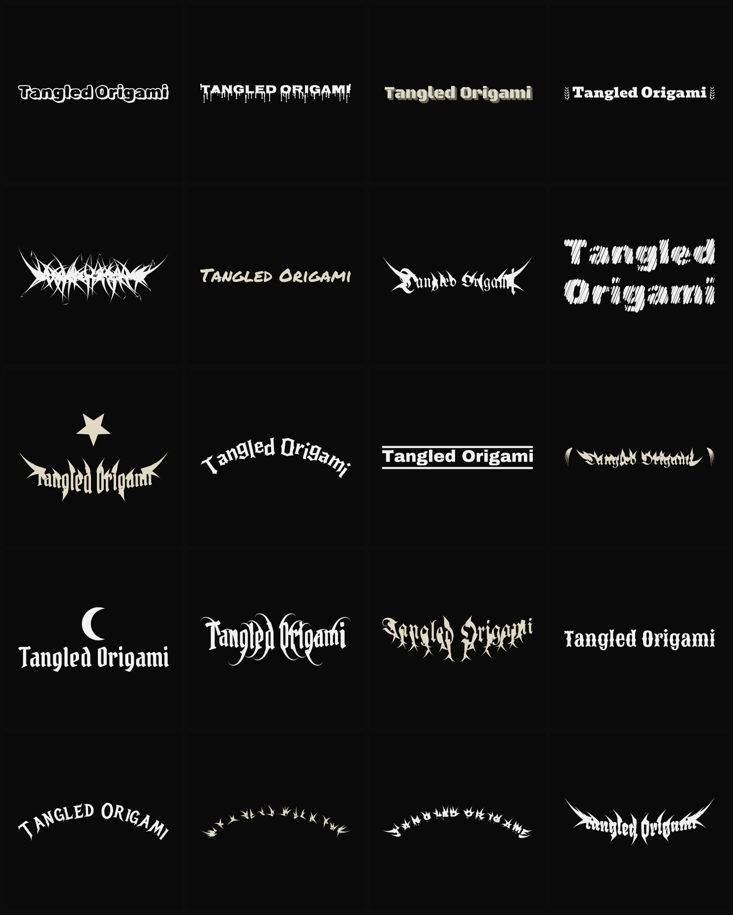 Twenty Tangled Origami band logo ideas — different faces, treatments and spike settings