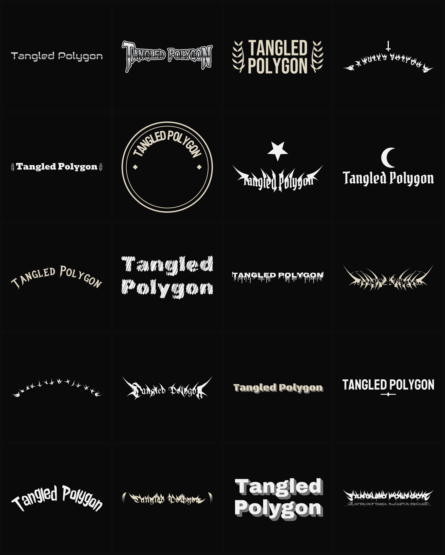 Twenty Tangled Polygon band logo ideas — different faces, treatments and spike settings