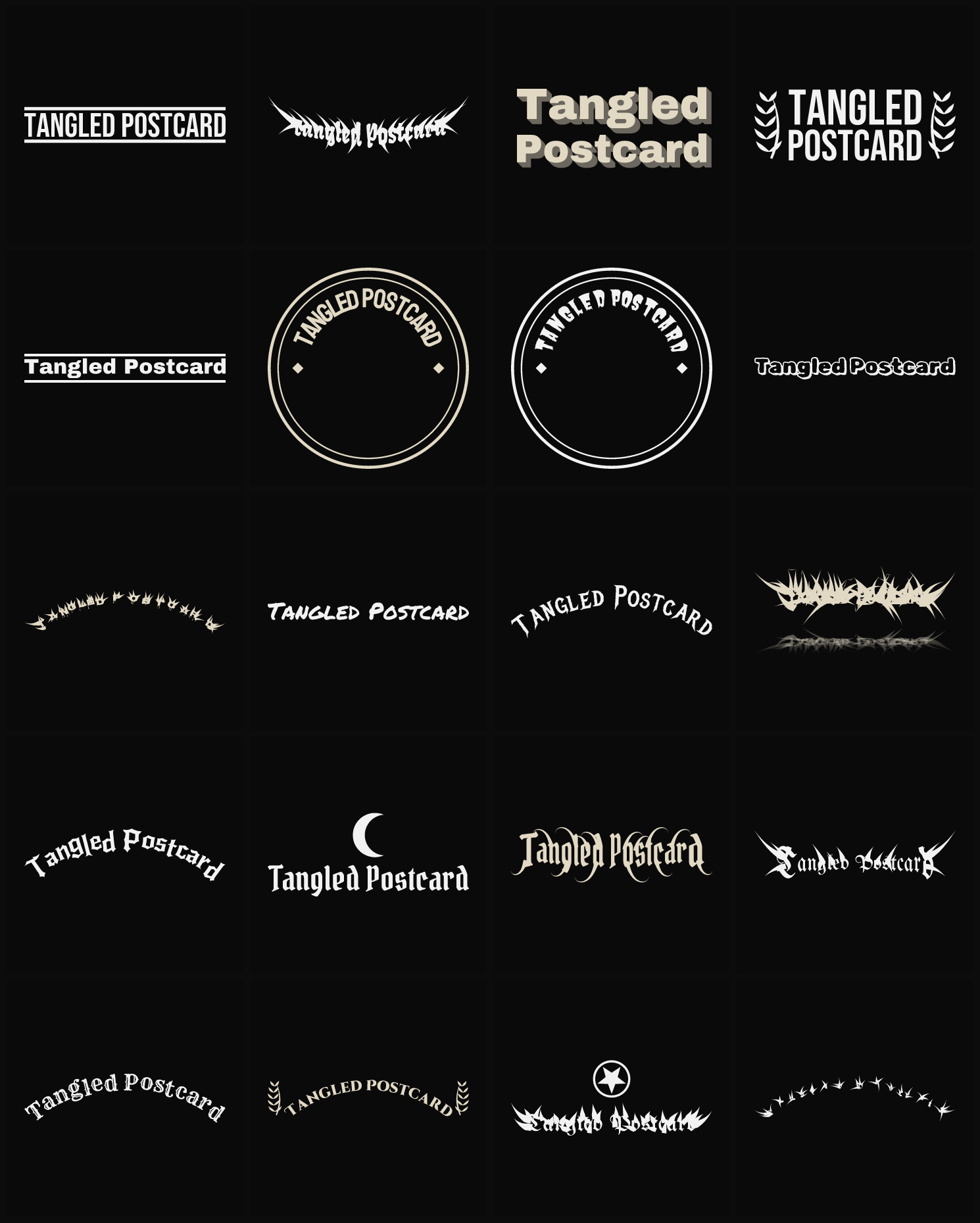 Twenty Tangled Postcard band logo ideas — different faces, treatments and spike settings