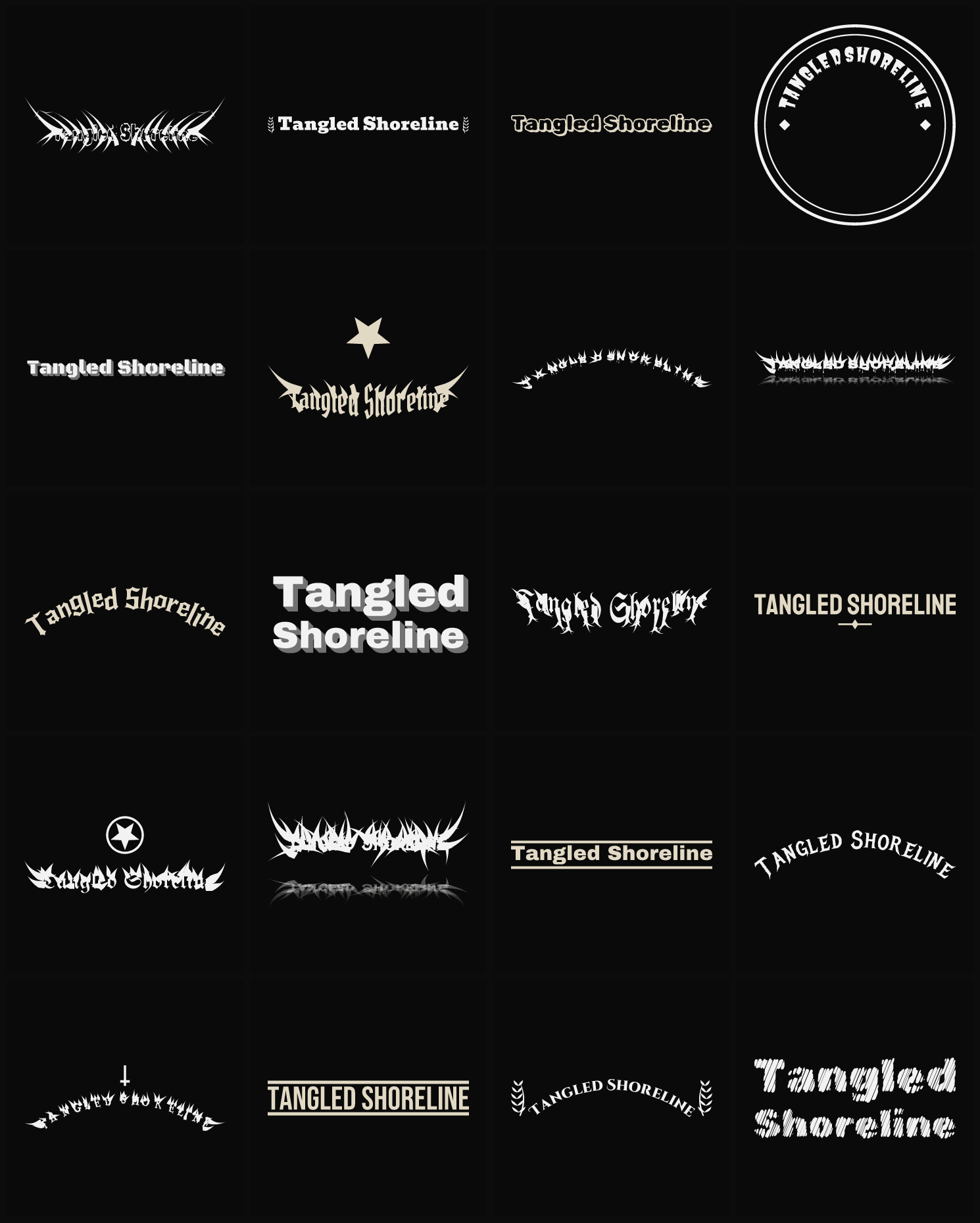Twenty Tangled Shoreline band logo ideas — different faces, treatments and spike settings