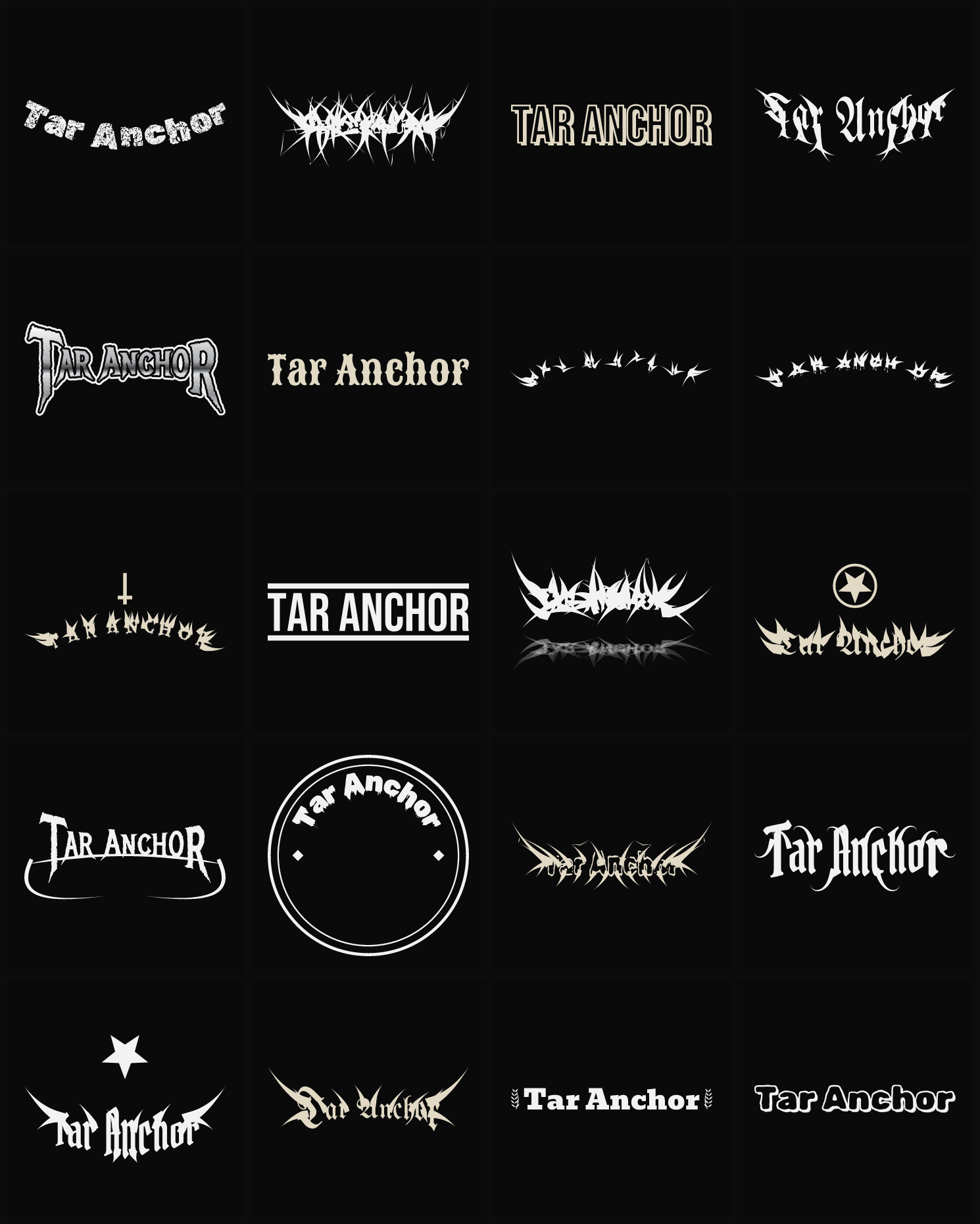 Twenty Tar Anchor band logo ideas — different faces, treatments and spike settings
