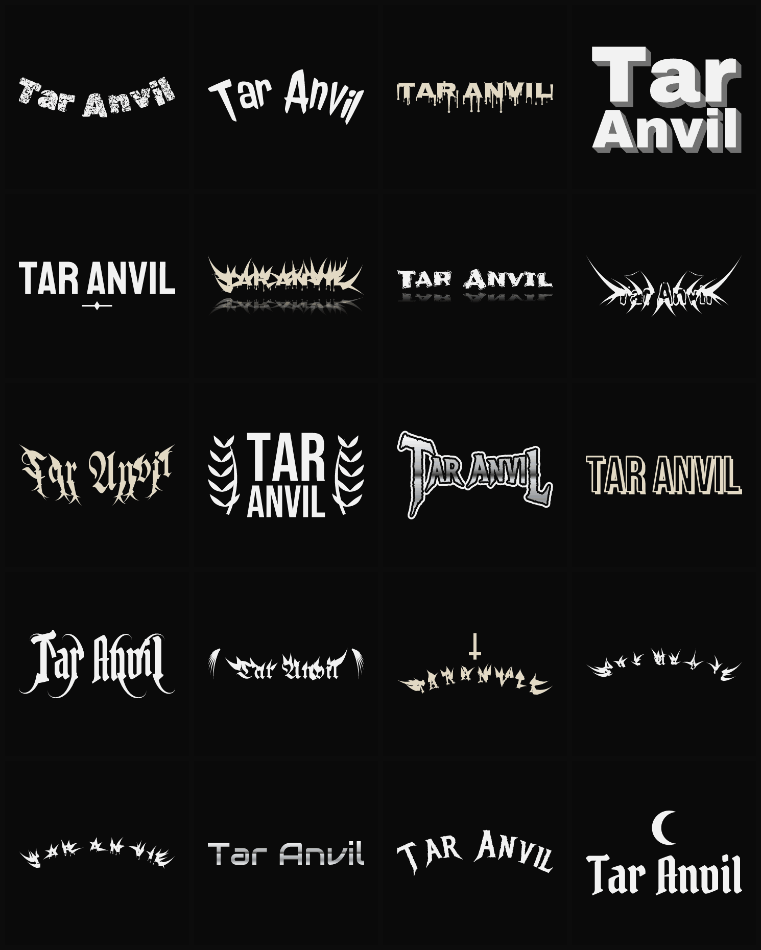 Twenty Tar Anvil band logo ideas — different faces, treatments and spike settings
