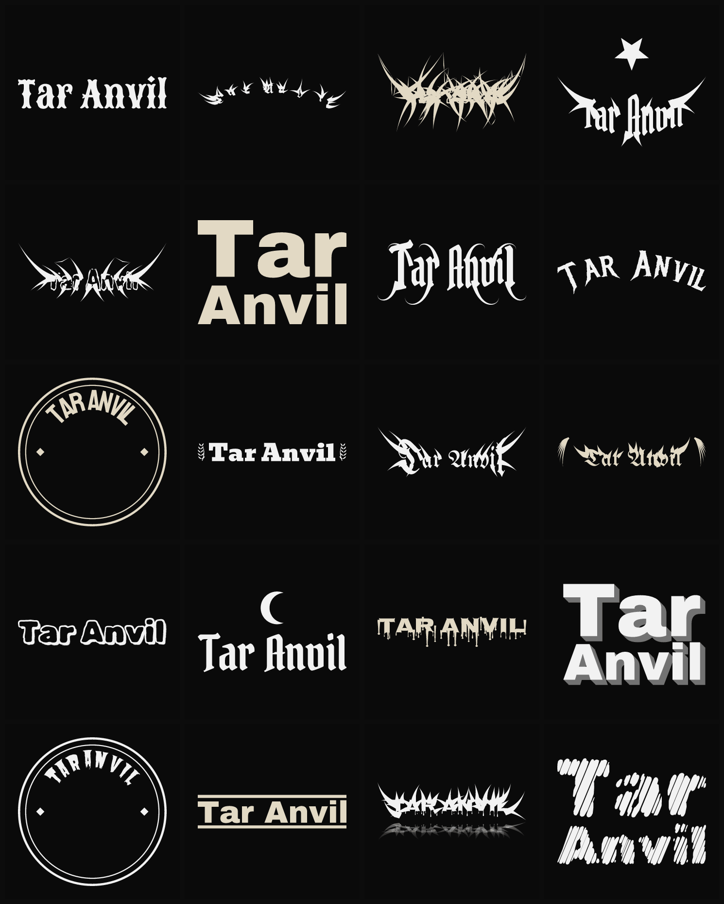 Twenty Tar Anvil band logo ideas — different faces, treatments and spike settings