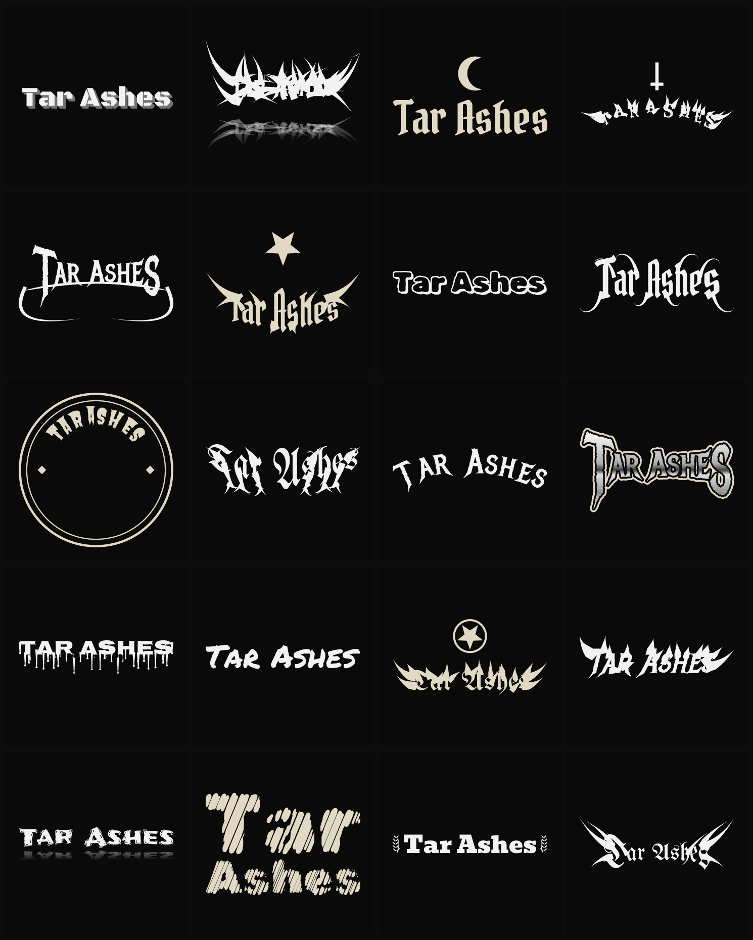 Twenty Tar Ashes band logo ideas — different faces, treatments and spike settings
