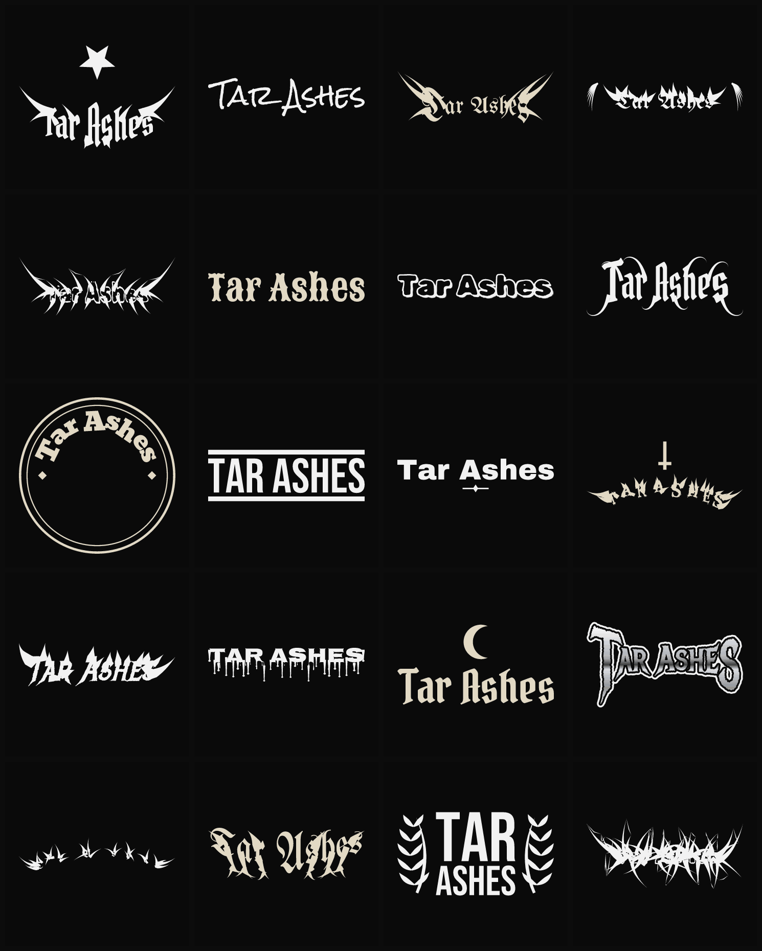 Twenty Tar Ashes band logo ideas — different faces, treatments and spike settings