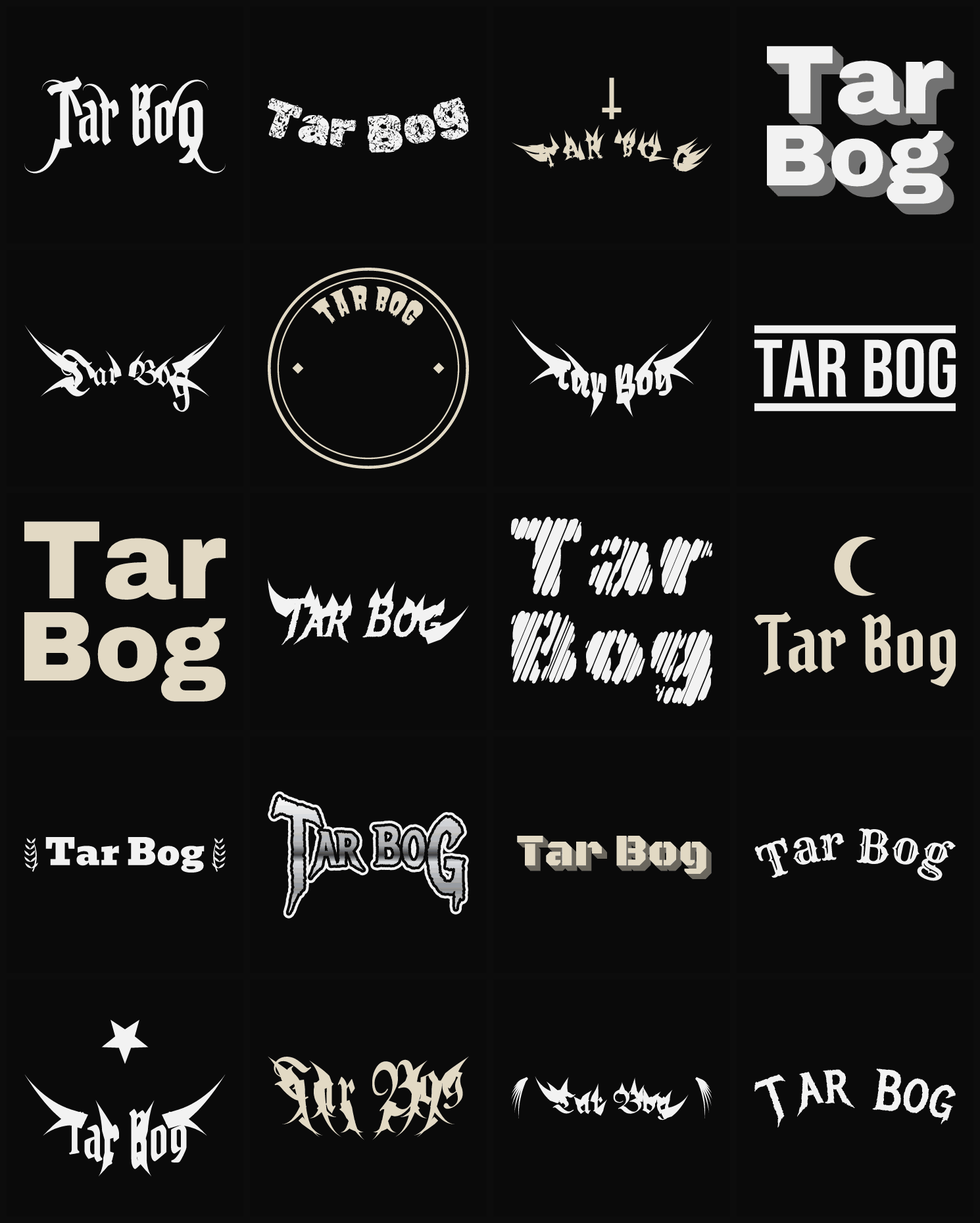 Twenty Tar Bog band logo ideas — different faces, treatments and spike settings