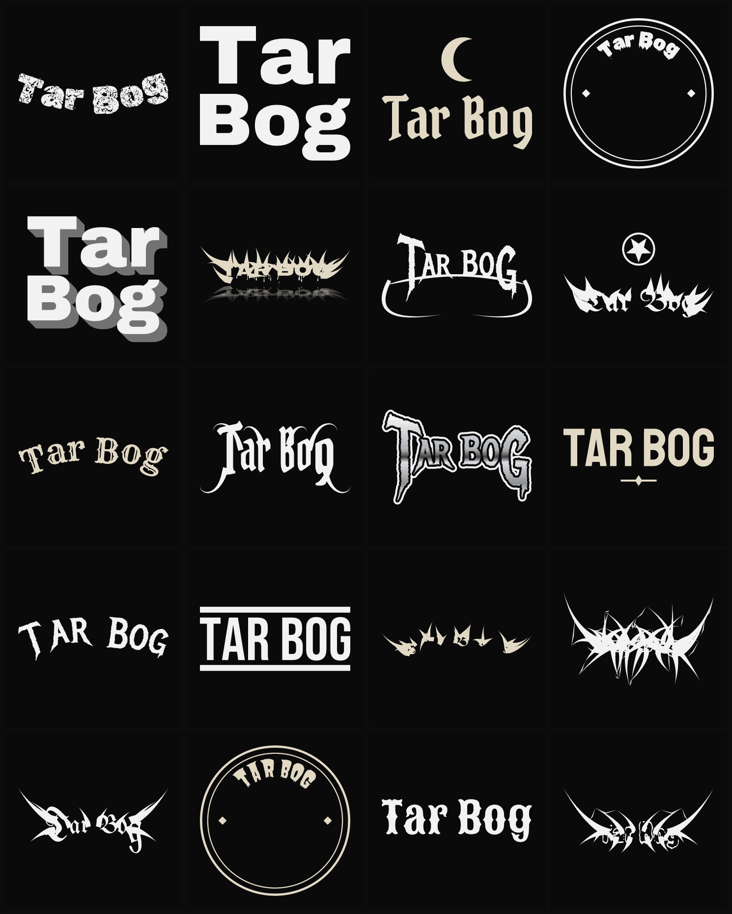 Twenty Tar Bog band logo ideas — different faces, treatments and spike settings