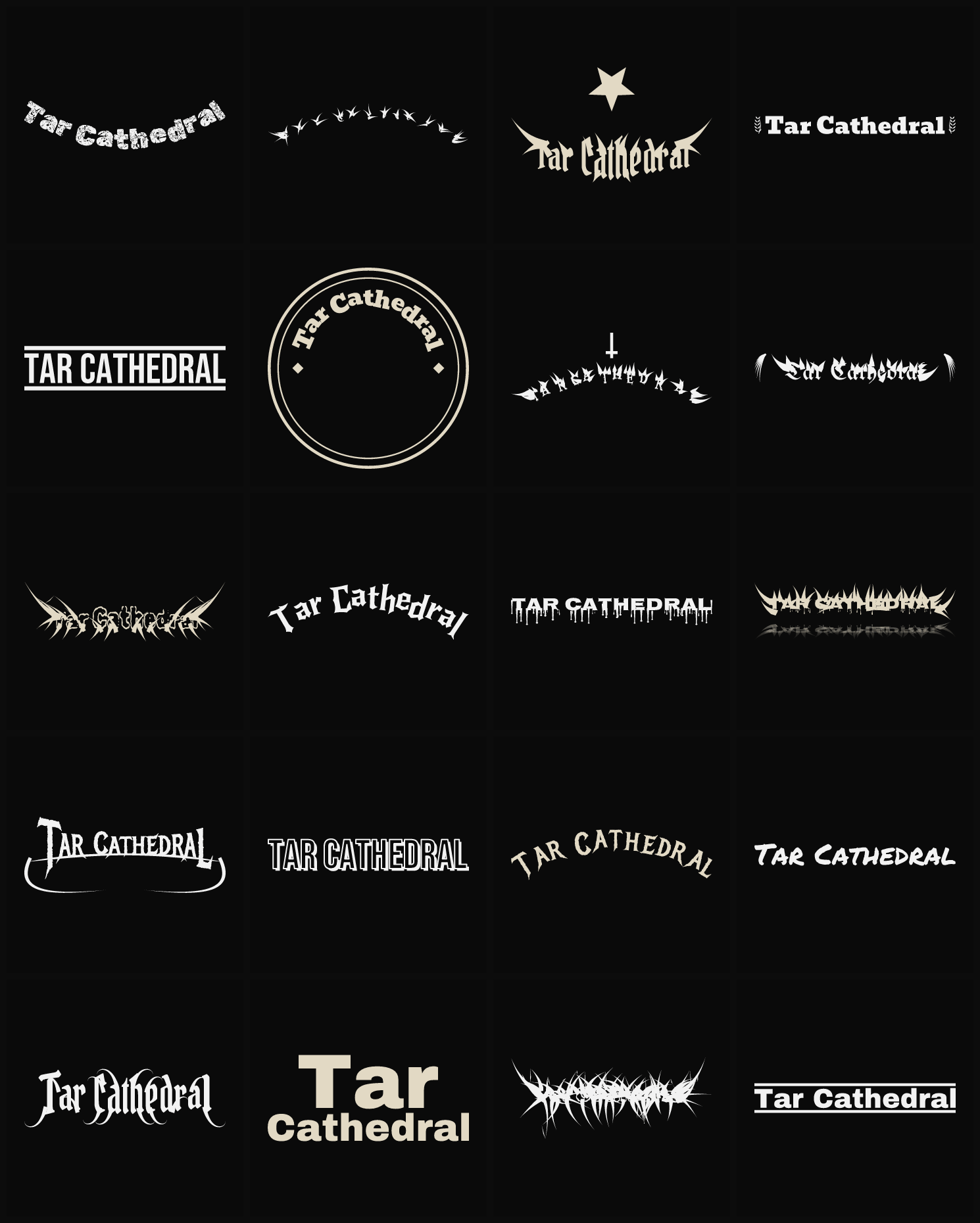 Twenty Tar Cathedral band logo ideas — different faces, treatments and spike settings