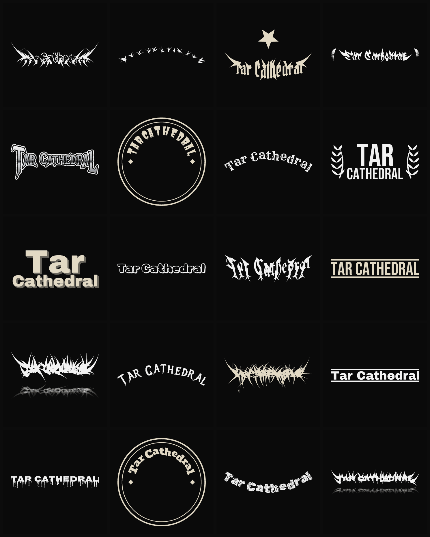 Twenty Tar Cathedral band logo ideas — different faces, treatments and spike settings