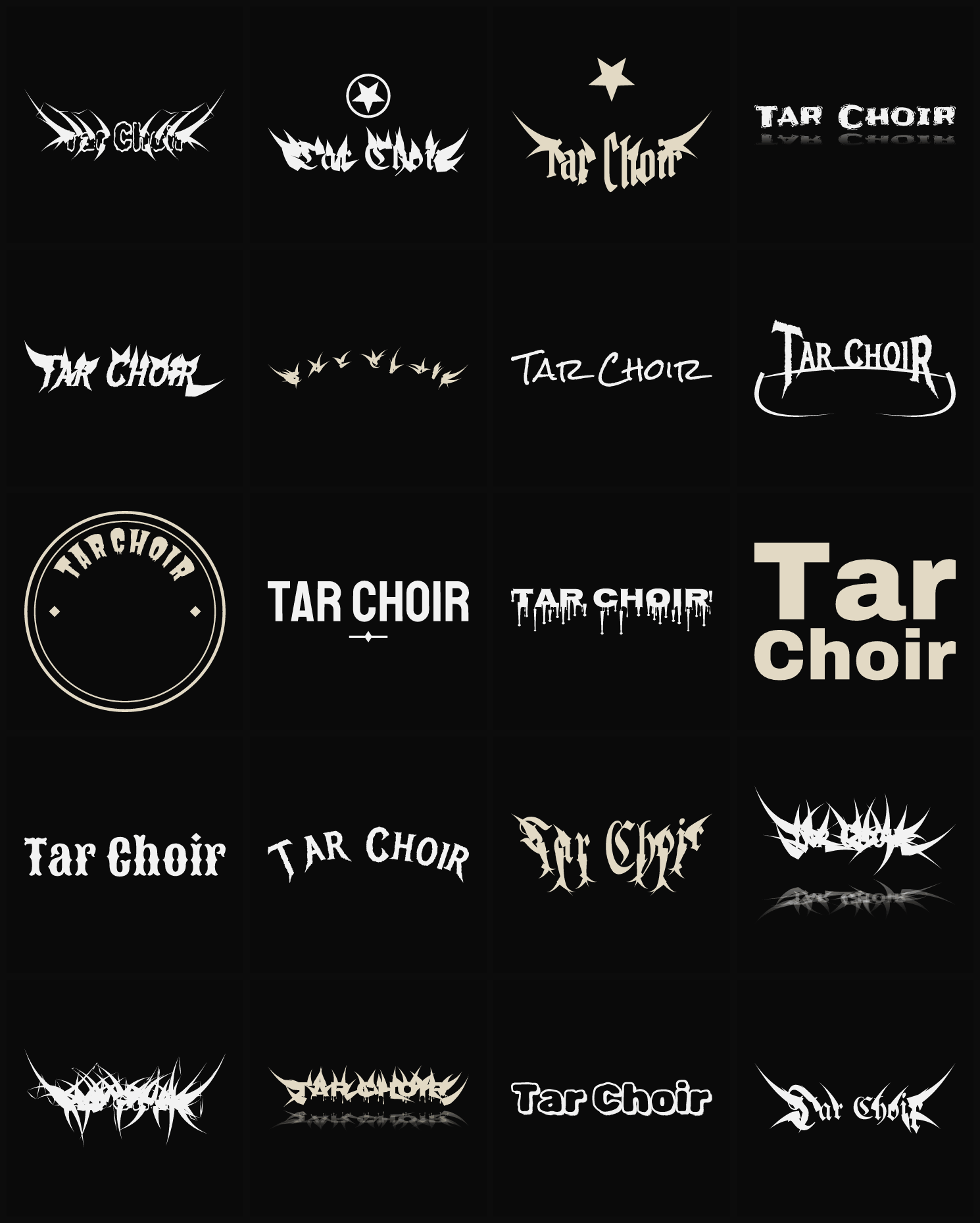 Twenty Tar Choir band logo ideas — different faces, treatments and spike settings