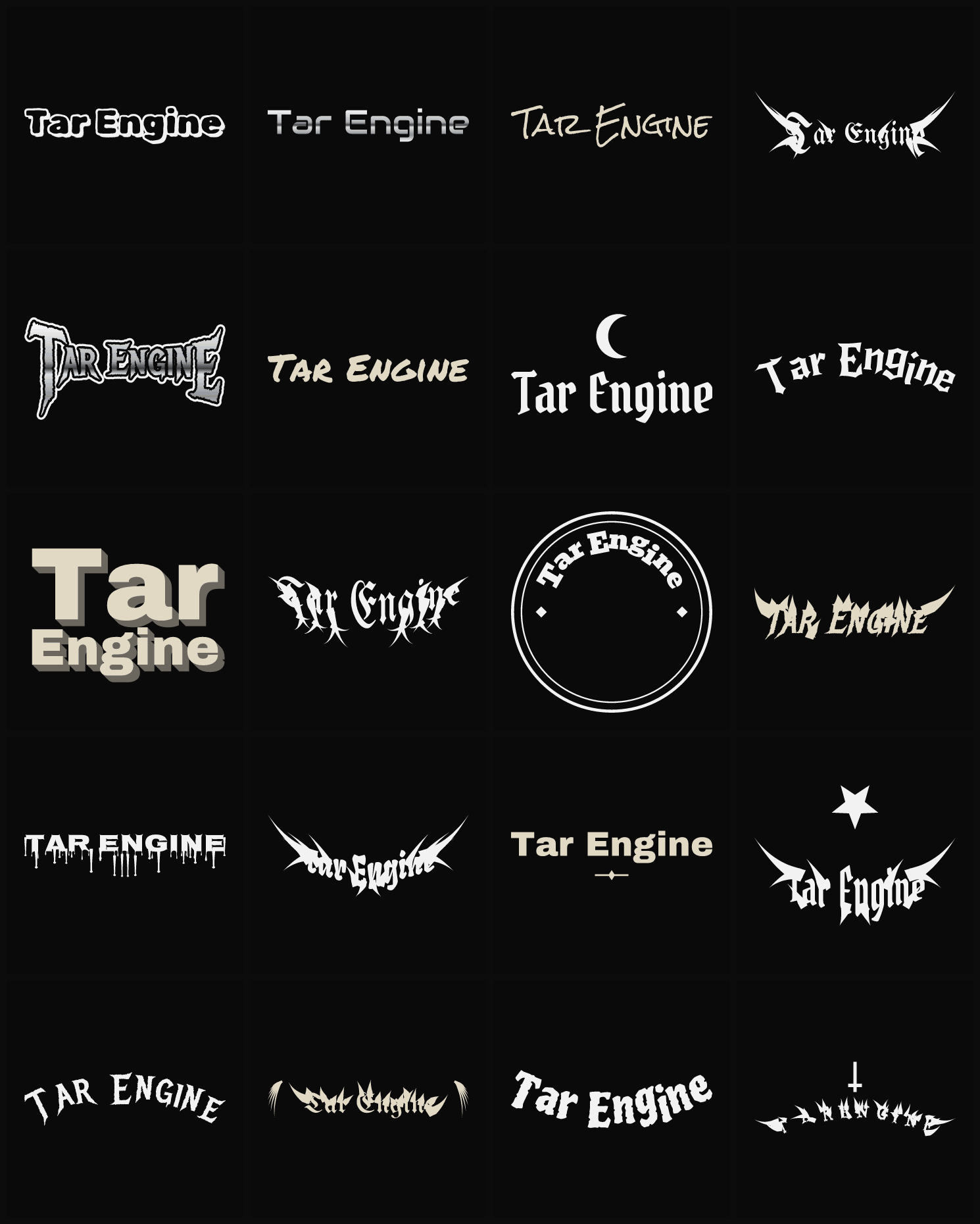 Twenty Tar Engine band logo ideas — different faces, treatments and spike settings
