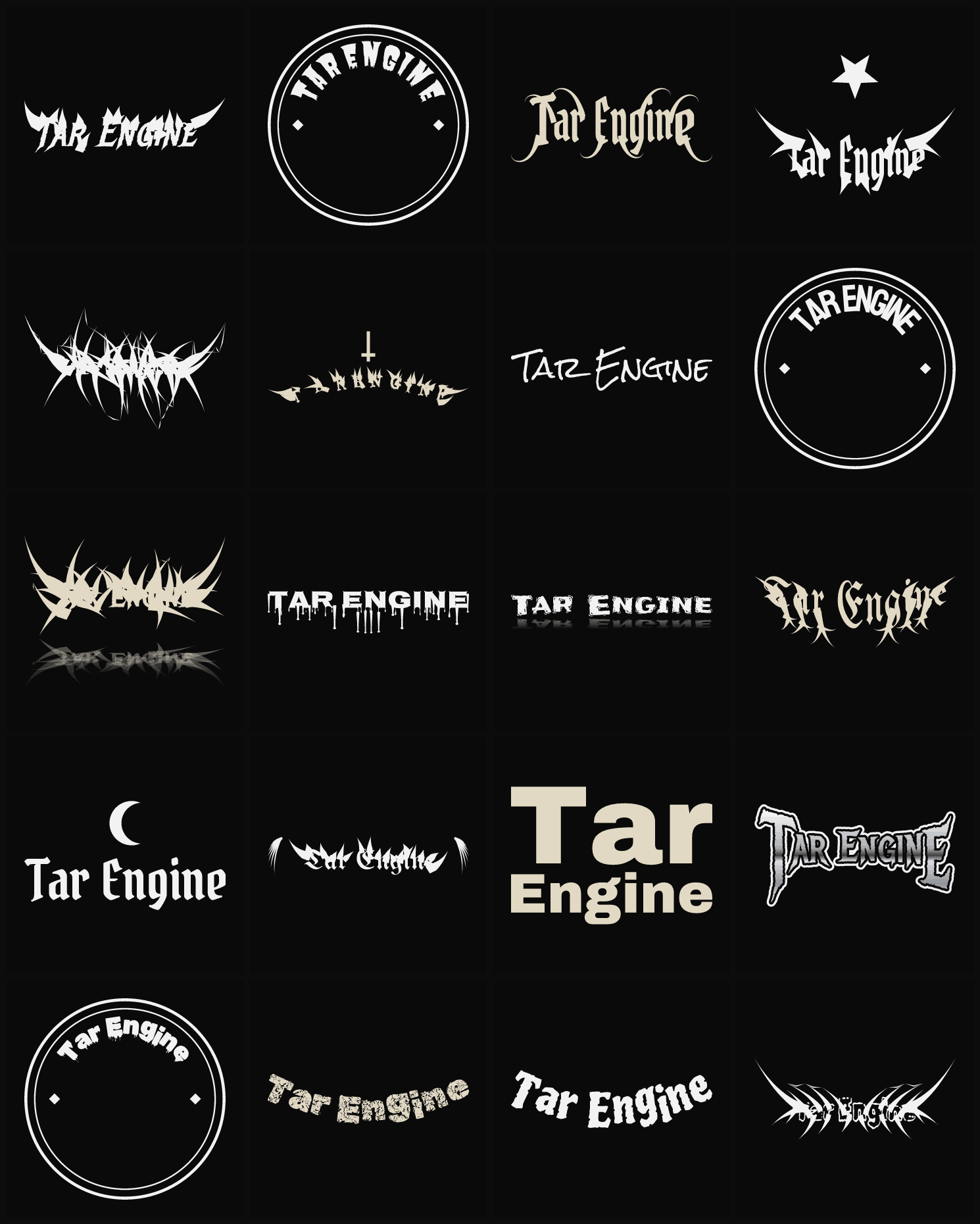 Twenty Tar Engine band logo ideas — different faces, treatments and spike settings
