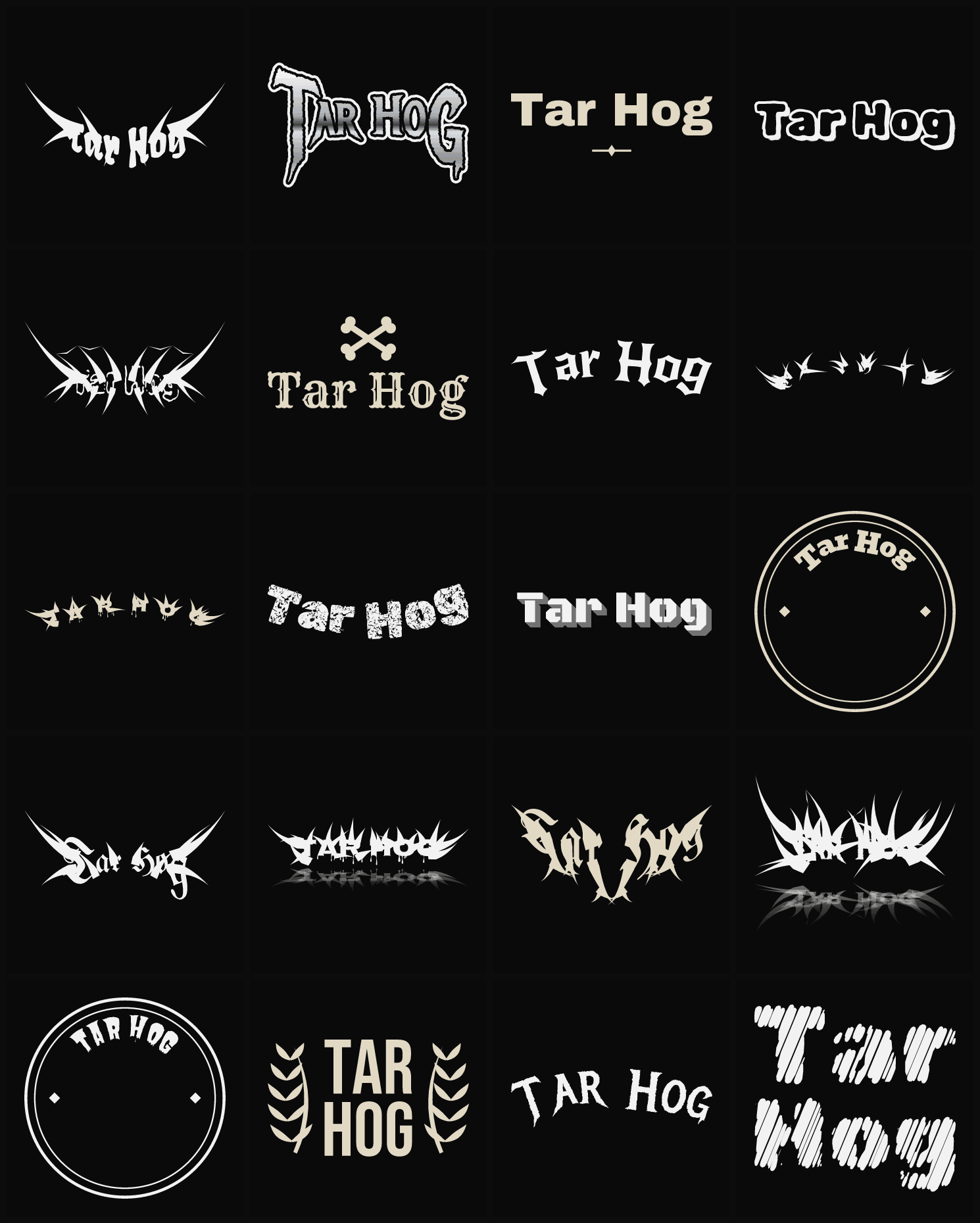 Twenty Tar Hog band logo ideas — different faces, treatments and spike settings